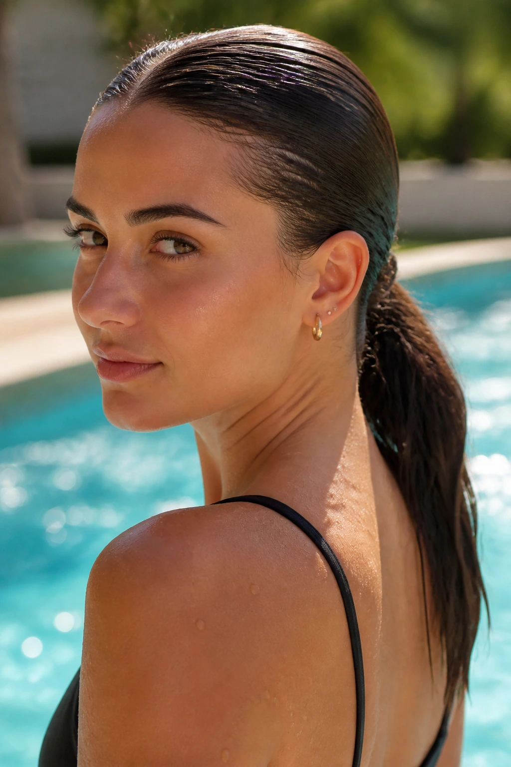 Real woman with a glossy wet-look ponytail secured low at the nape.