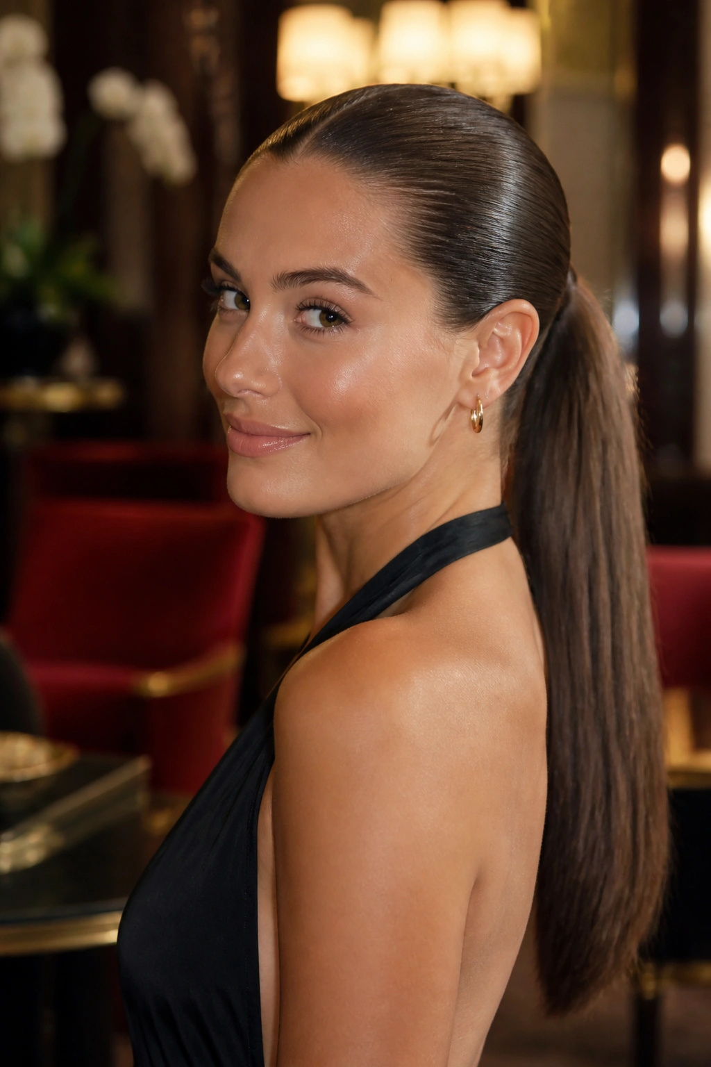 Close-up of a real woman with a glossy wet-look ponytail and a low sleek finish
