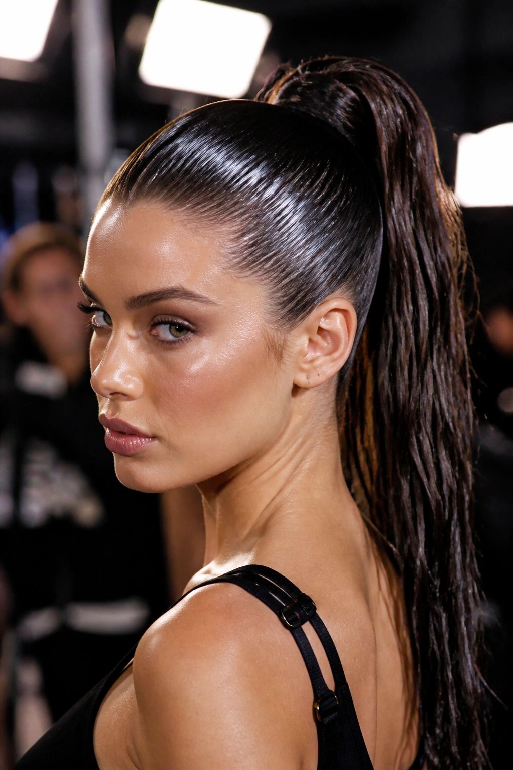 Close-up of a woman with a glossy wet-look high ponytail backstage