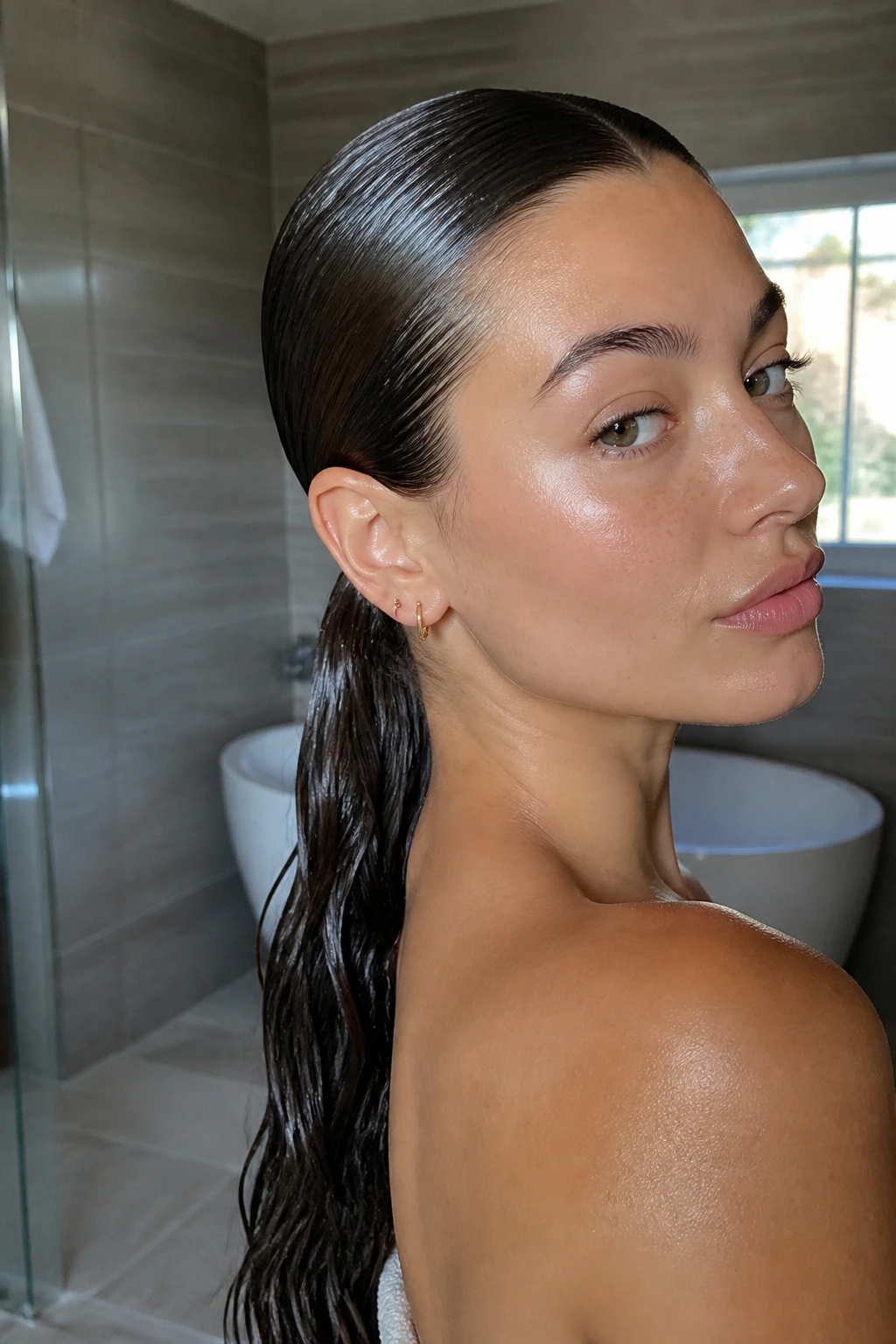 Close-up of a real person with a glossy wet-look low ponytail at the nape.