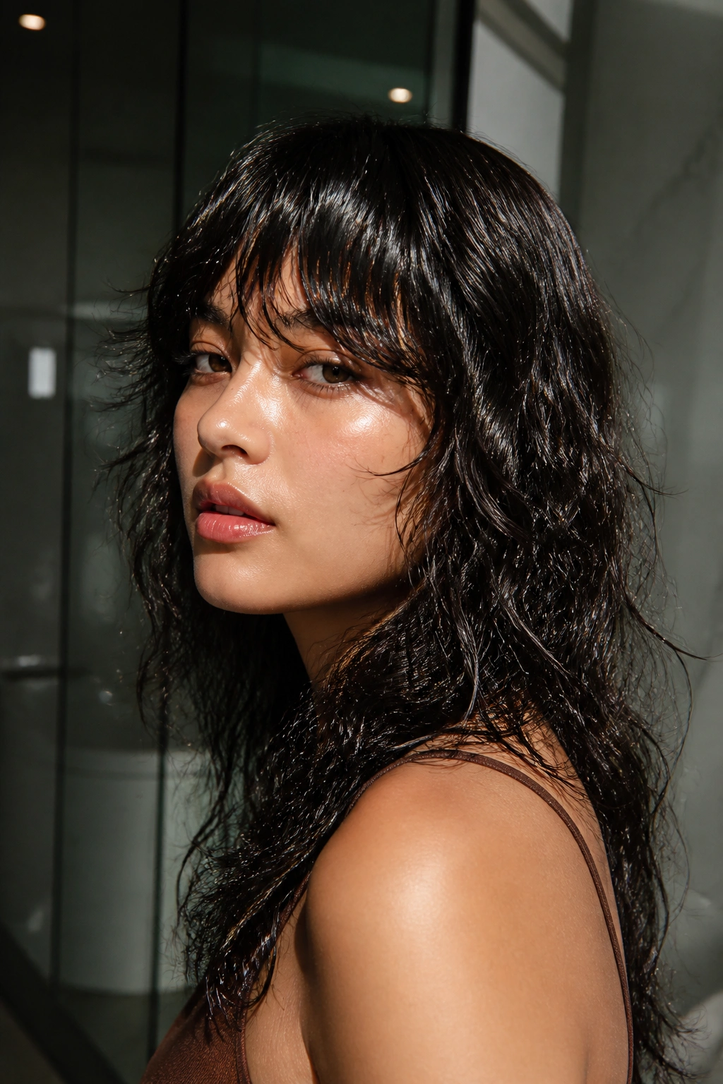 Close-up of a real person with wet-look shag perm and glossy waves