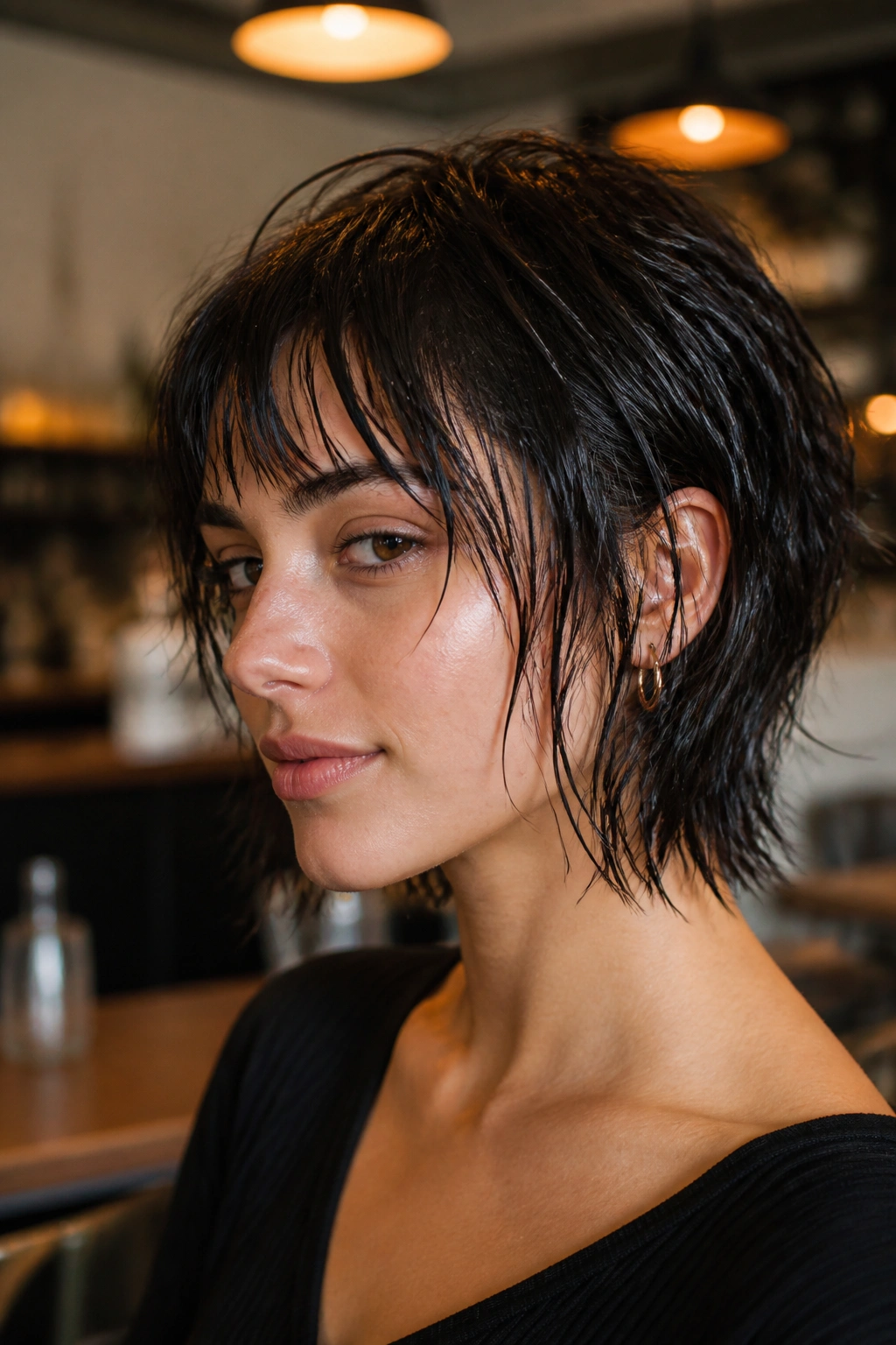 Close-up of a real woman with a wet-look shaggy bob and defined piecey ends