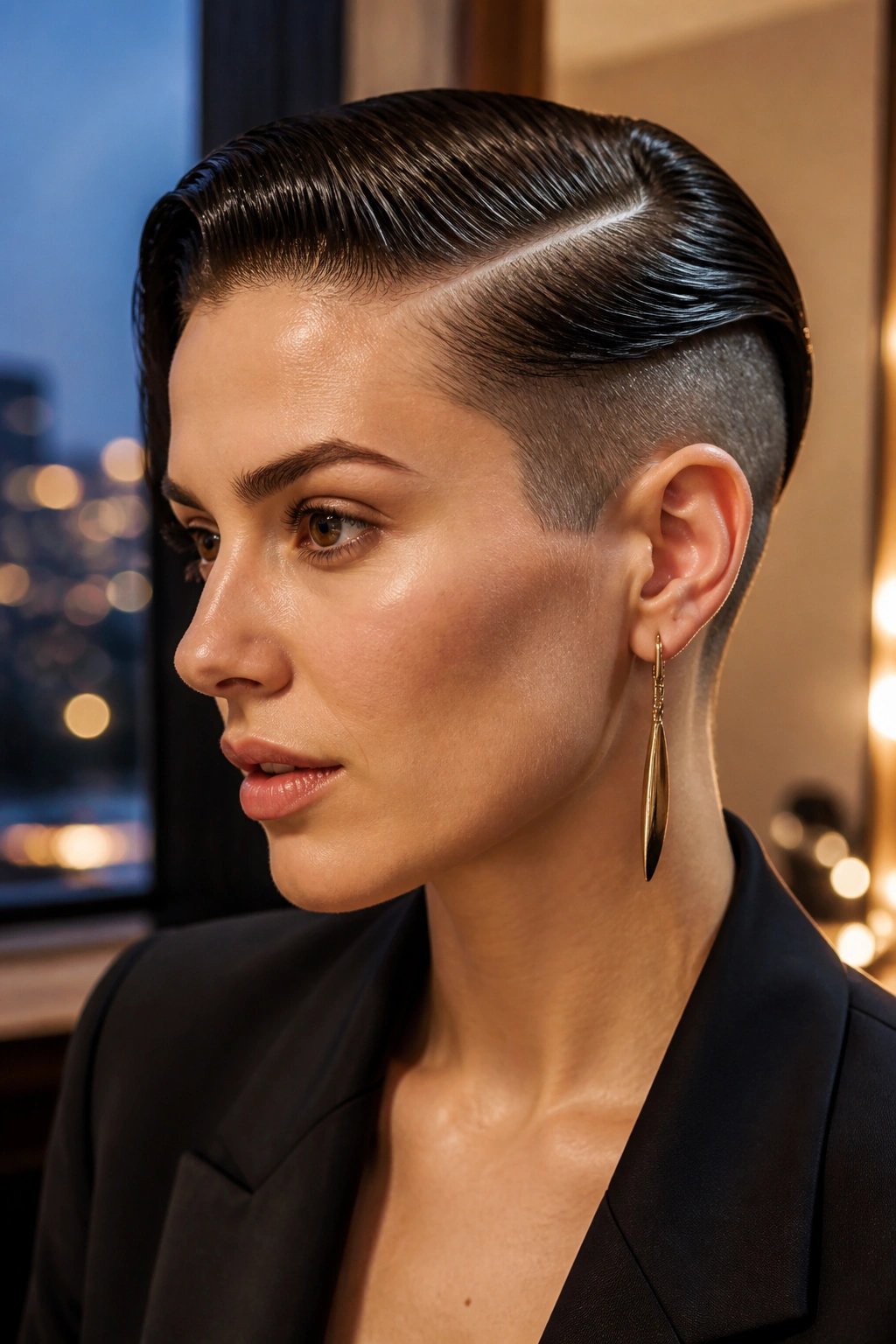 Close-up portrait of a real woman with a wet-look comb-over and shaved underlayer, glossy hair and deep side part