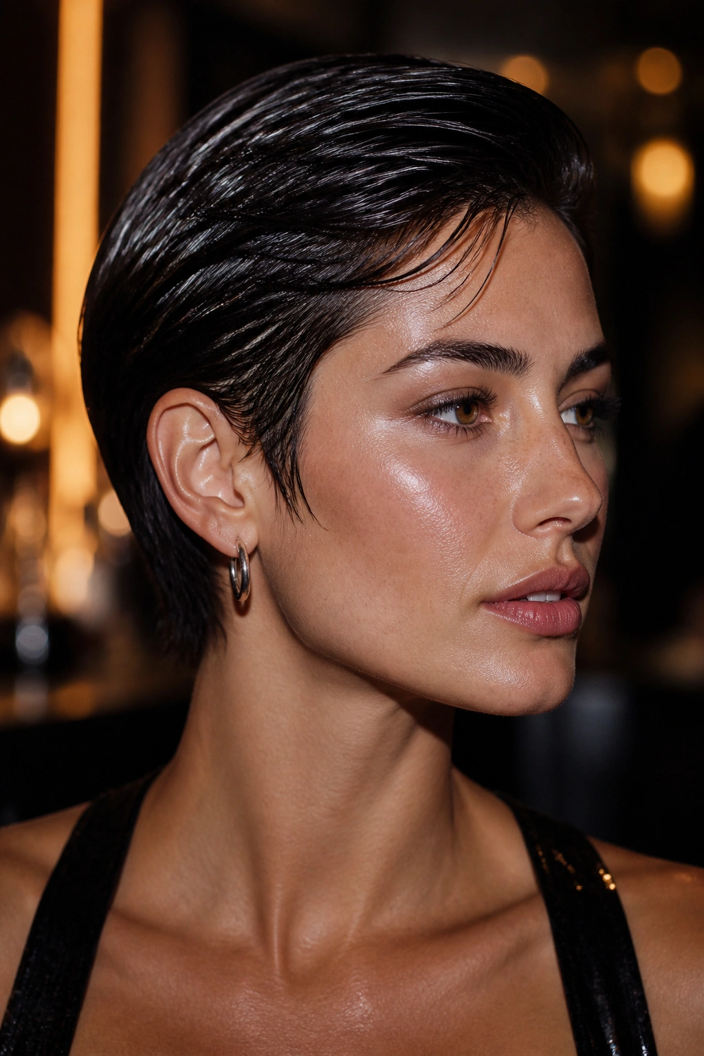 Close-up of a real person with a wet-look short cut under moody nightlife lighting.