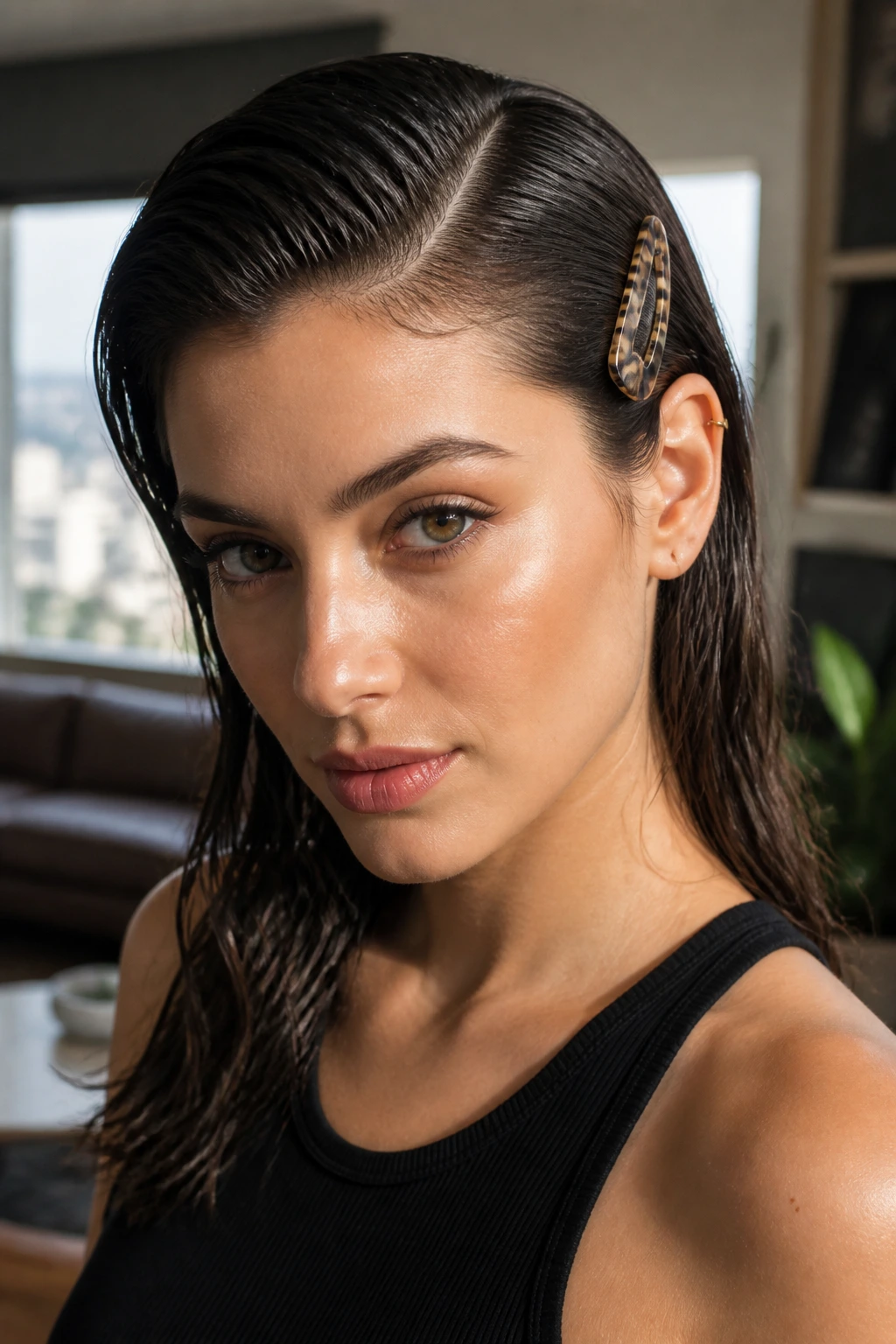 Close-up of a person with a deep side part and a barrette on the heavier side