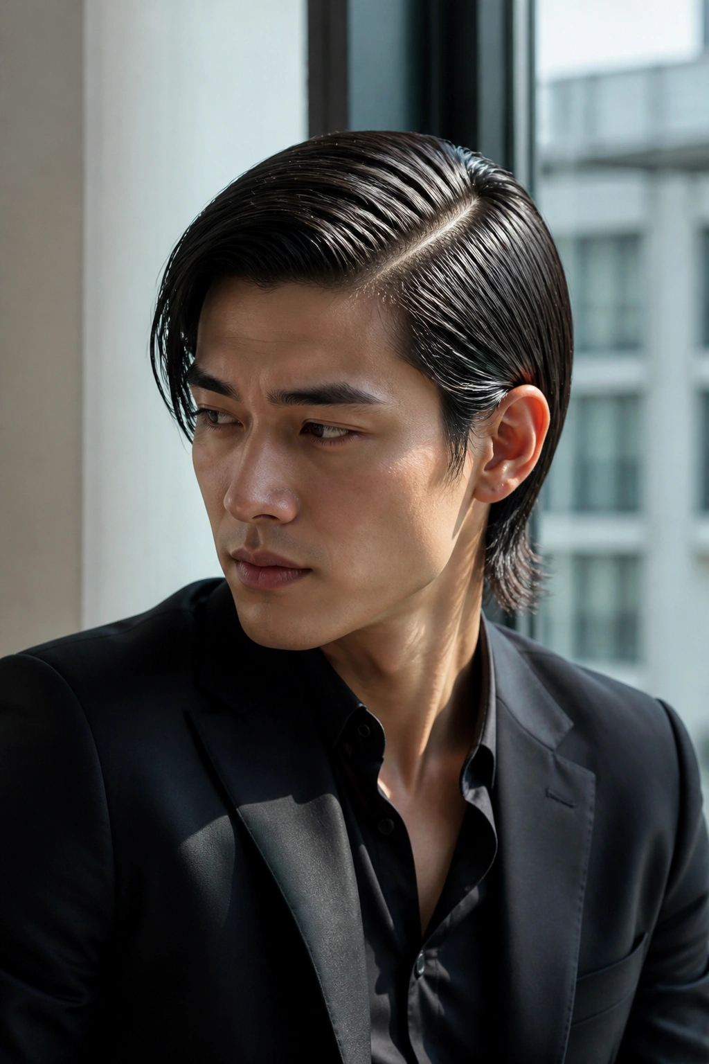 Close-up of a real man with a glossy wet-look side part