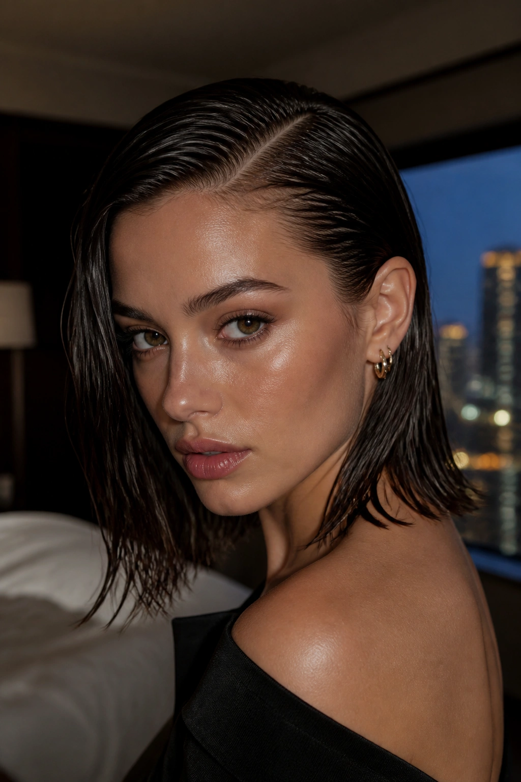 Close-up of real woman with a wet-look side part hairstyle in a moody hotel setting.