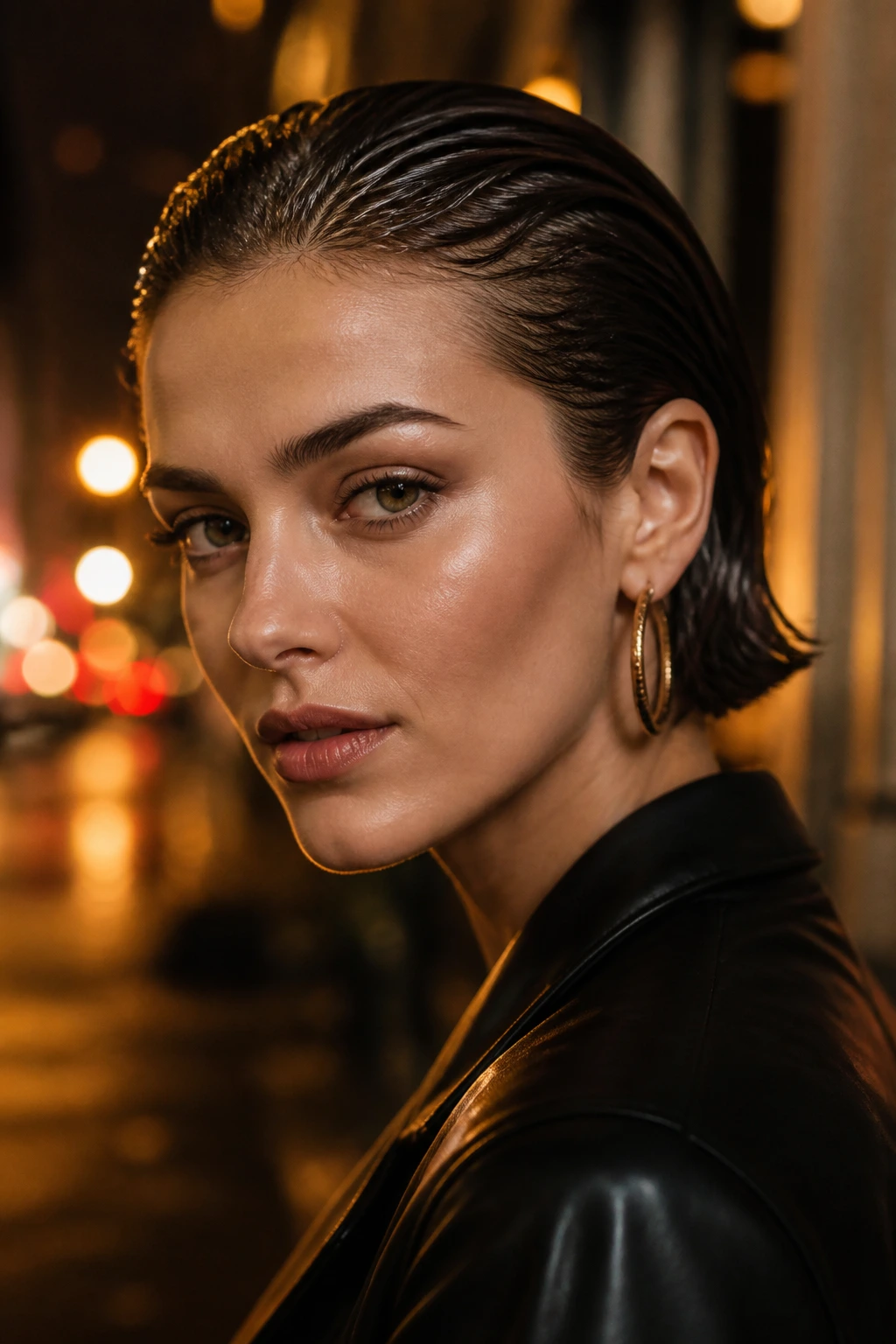 Close-up of a real person with a glossy wet-look slicked-back hairstyle under warm city lights