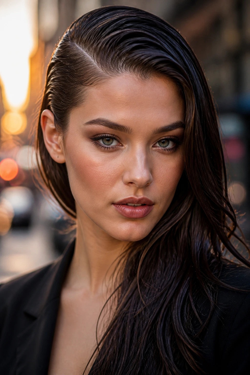 Close-up of a real woman with a right-part wet-look sweep