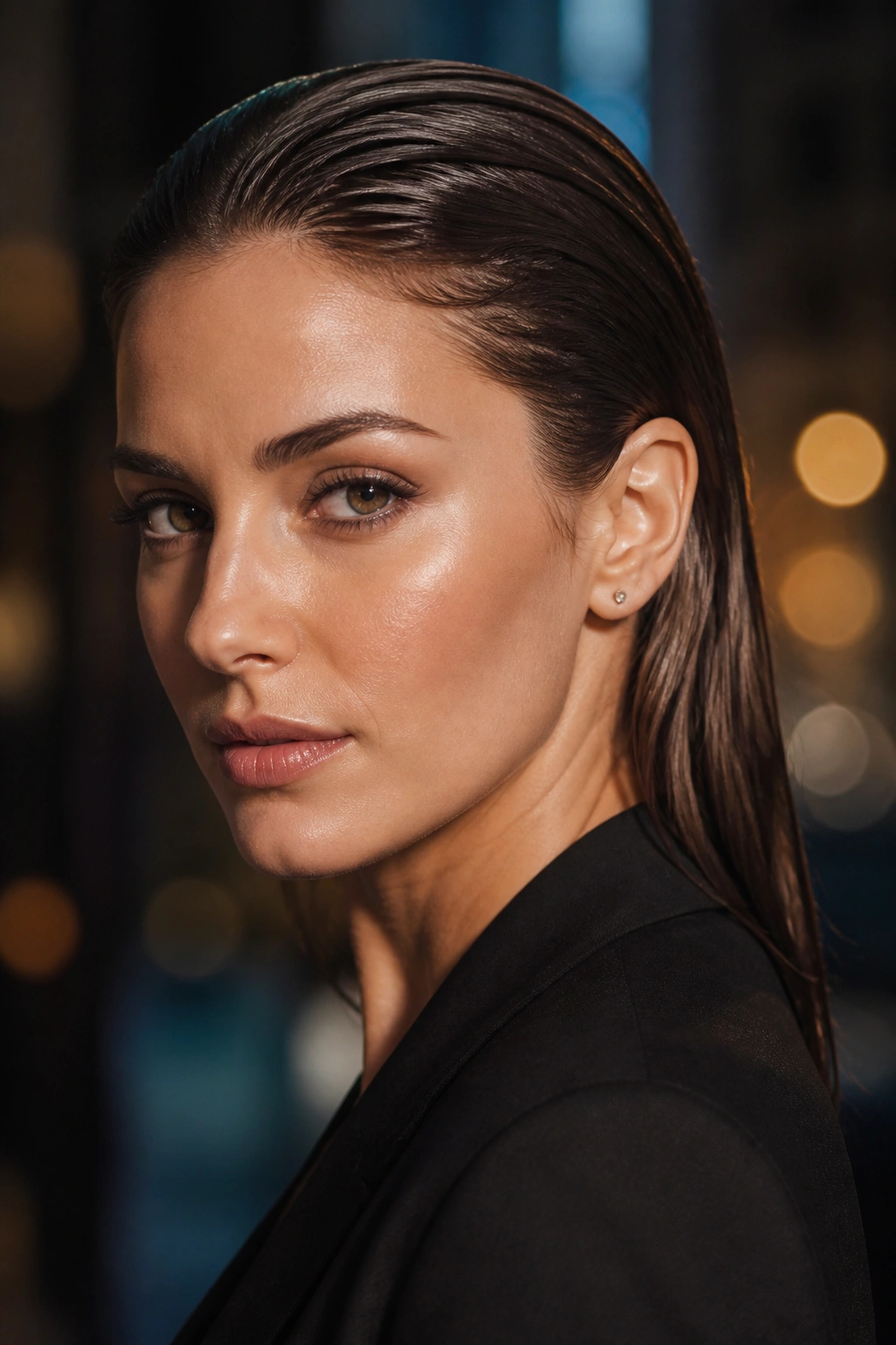 Brunette with wet-look hairstyle tucked behind ears in evening light