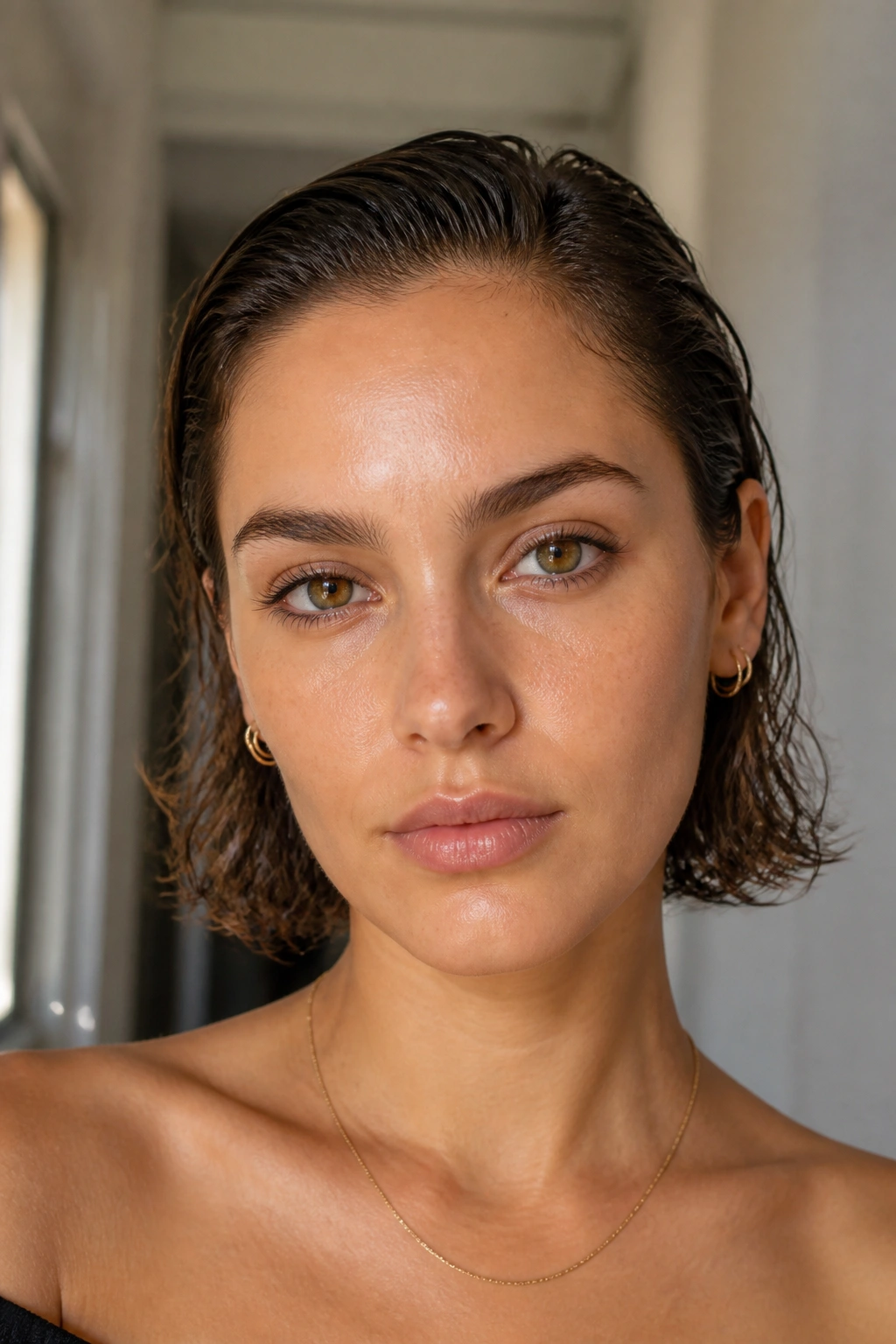 Close-up of real person with wet-look tucked waves behind the ears