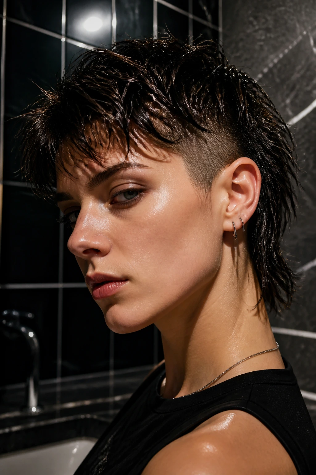 Close-up portrait of a real person with a wet-look undercut shag and cropped sides