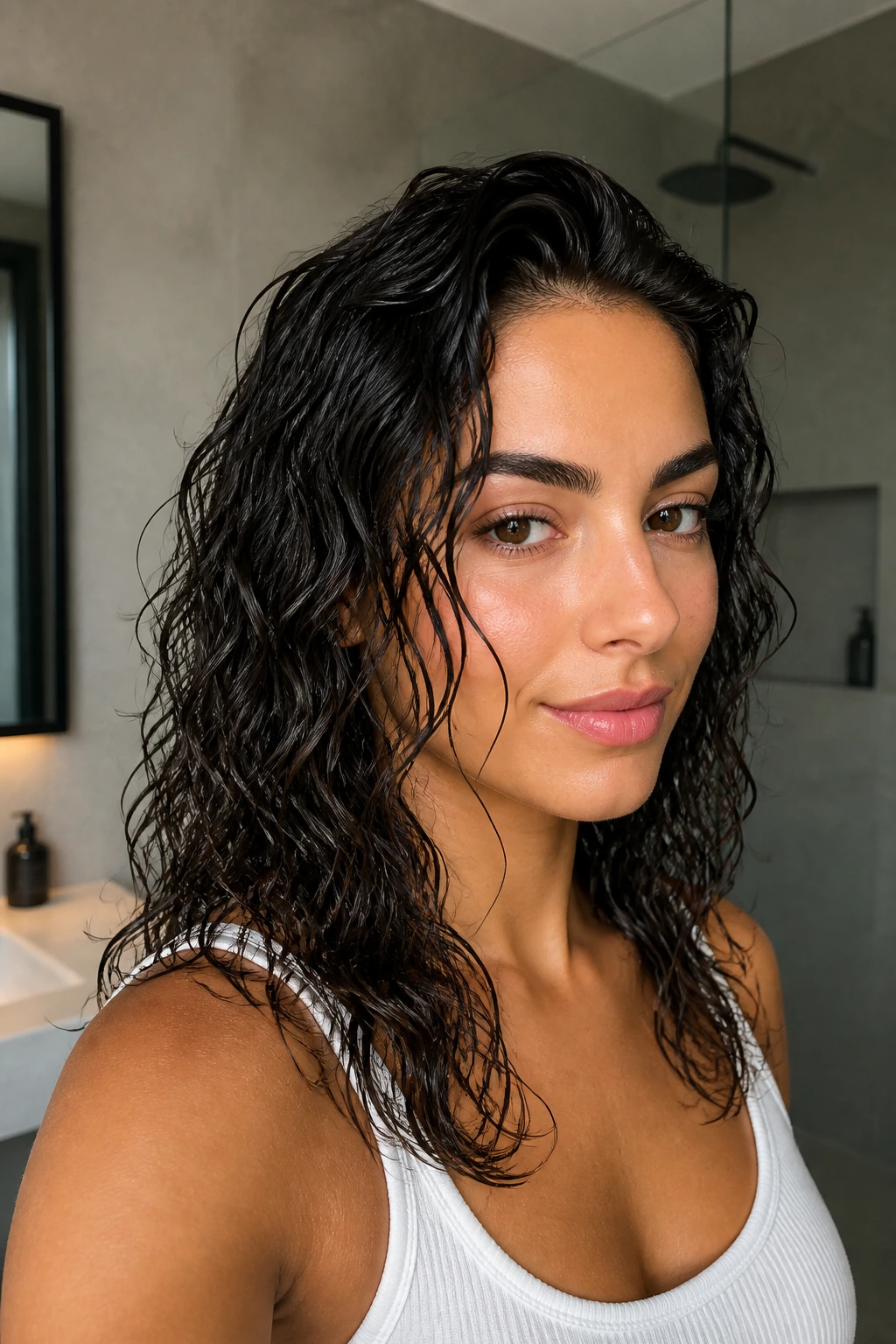 Portrait of a person with glossy wet-look textured waves