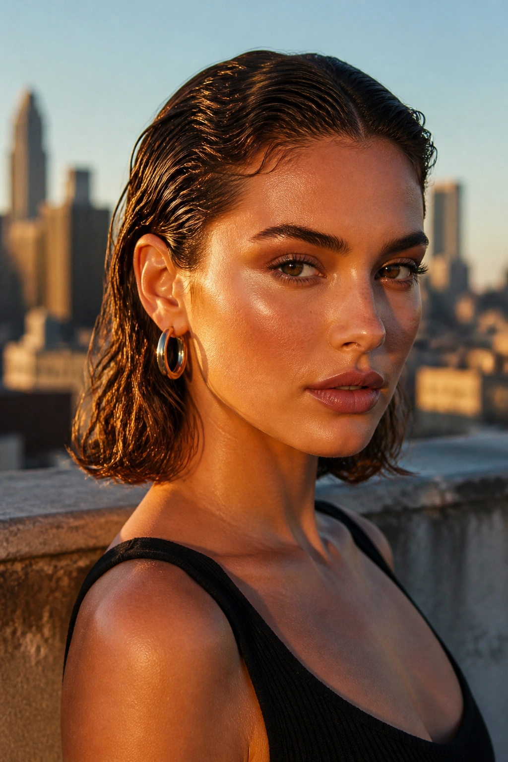 Close-up of a real person with wet-look tucked waves and tucked ends