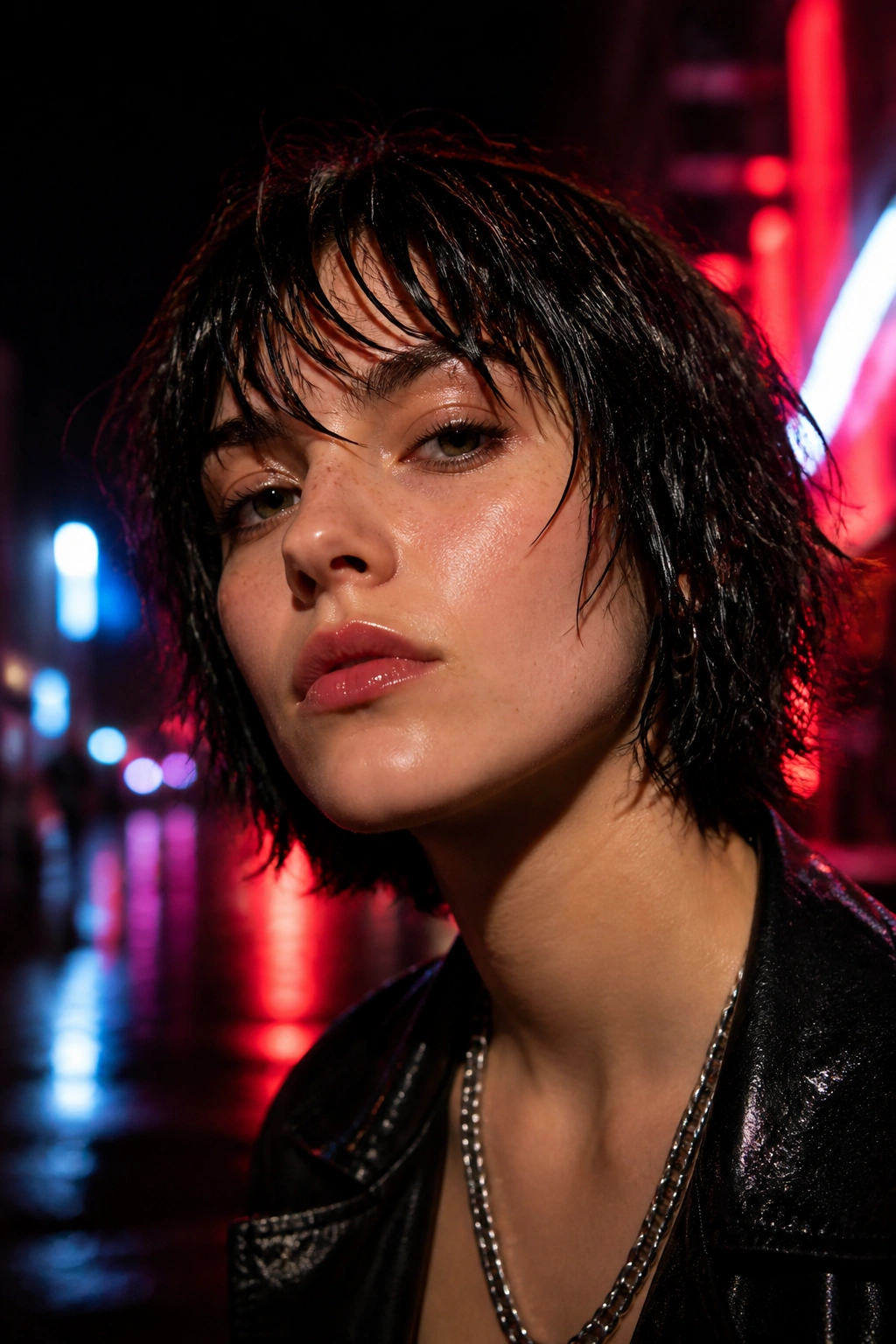 Close-up of a real person with a wet-look chin-length wolf cut under neon lights