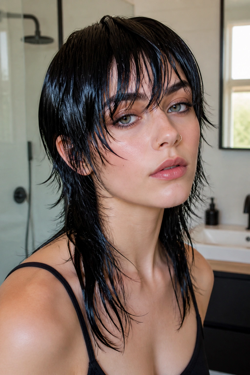 Close-up portrait of a real person with a glossy wet-look black wolf cut on straight hair in a bathroom setting