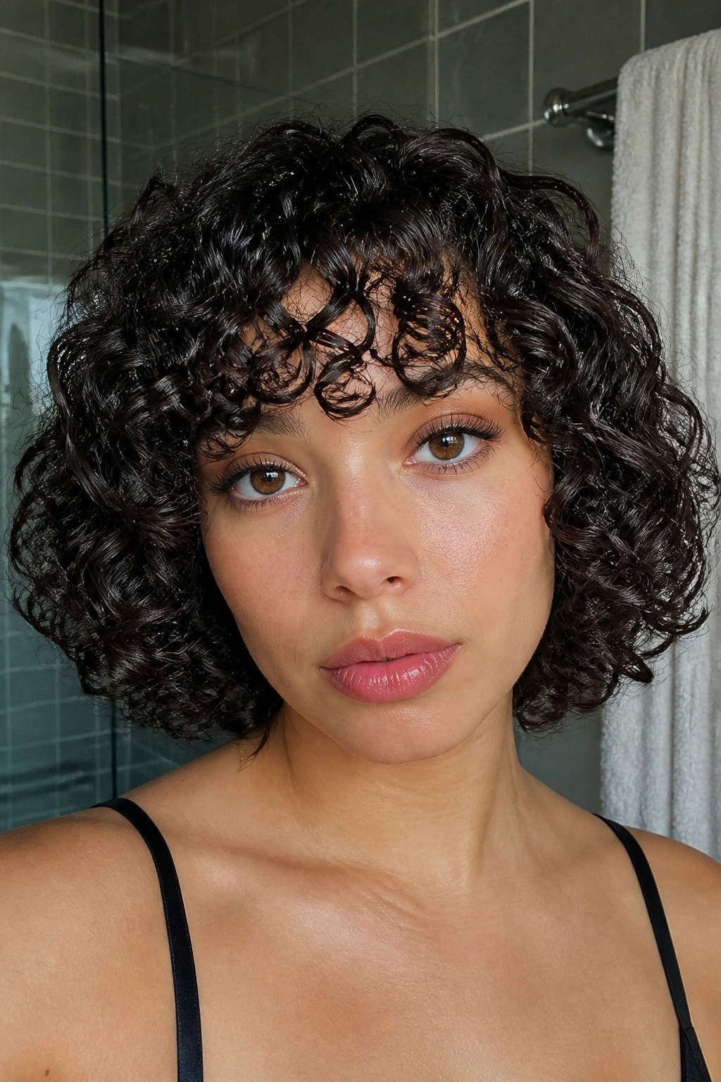 Close-up of a real person with wet-set curly bob and spiral bangs in bathroom