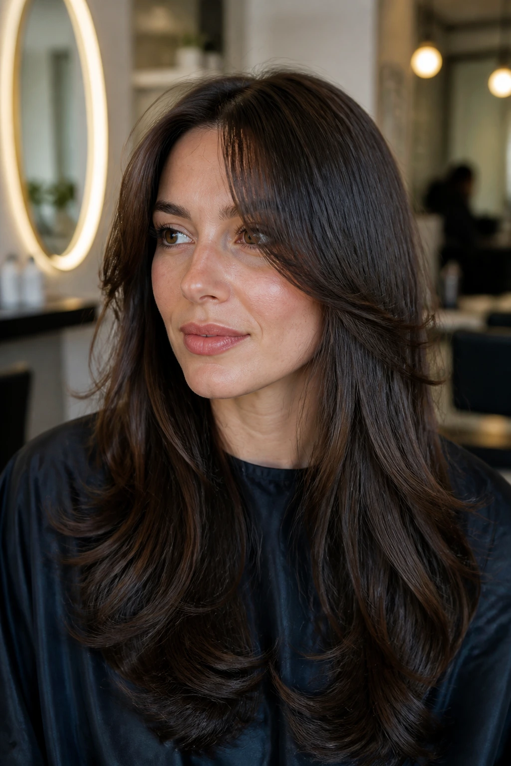 Close-up portrait of a real person with bent curtain bangs from a wet-set in a salon-like space