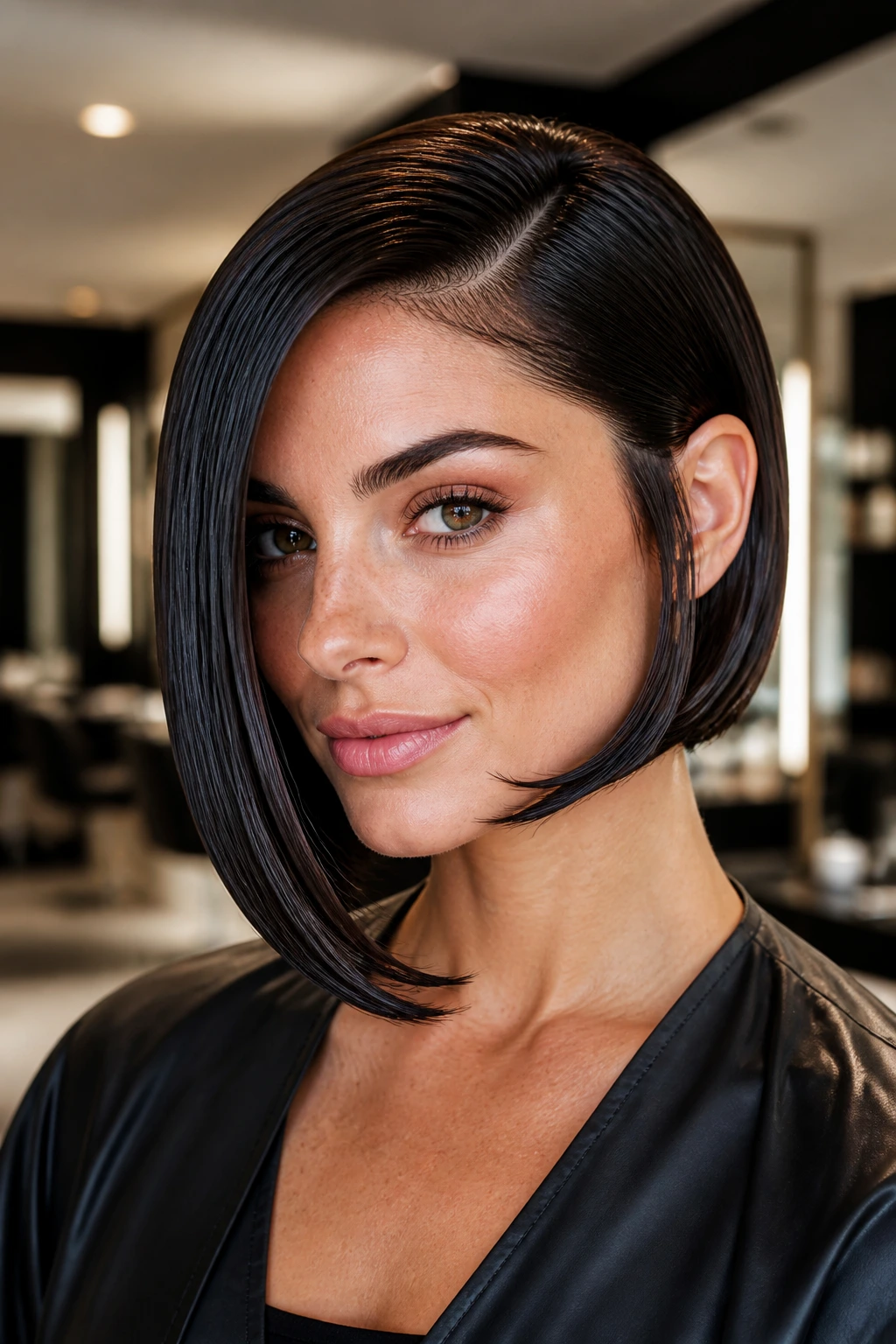 Close-up of a woman with a wet-set sculpted bob under salon lighting