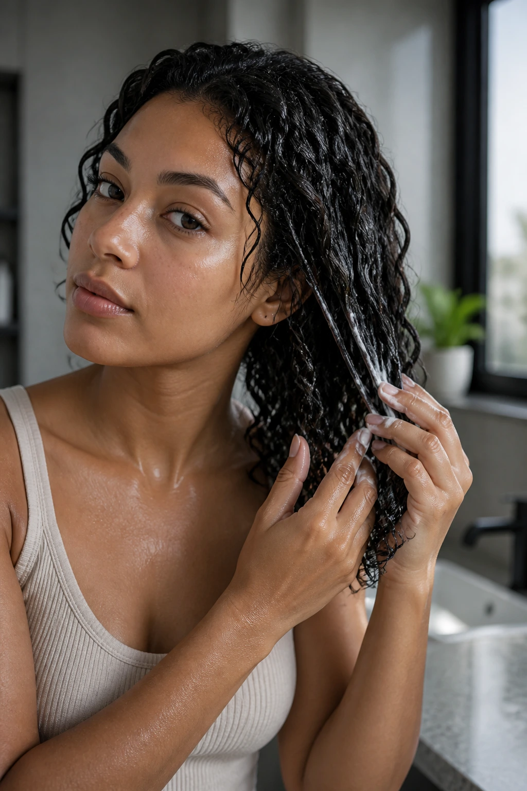 Close-up of a real person applying product to wet hair in a bathroom to illustrate wet styling.