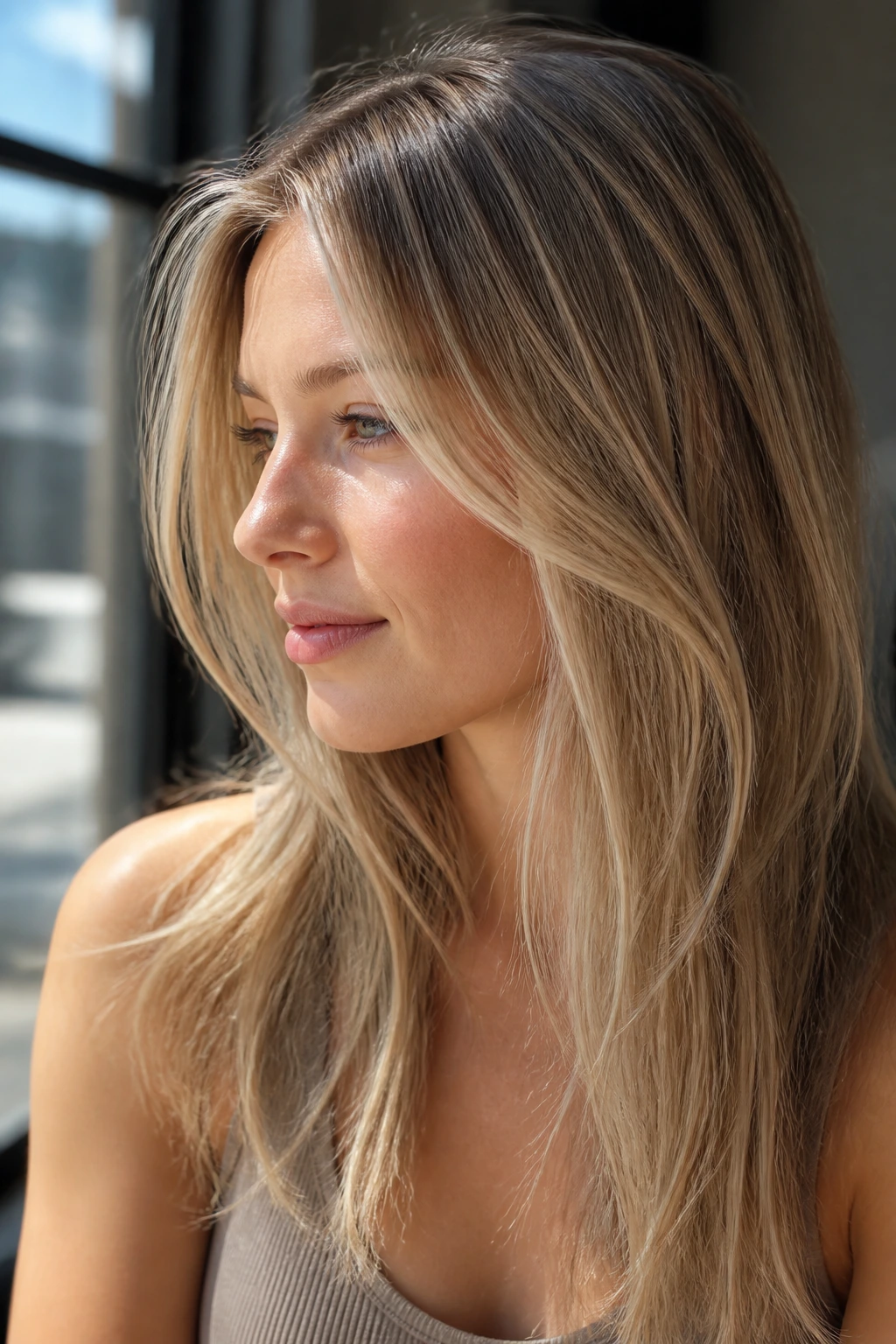 Close-up of ultra-fine wheat blonde babylights on a real woman's fine hair with natural window light.