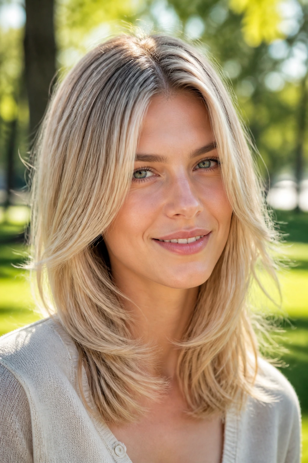 Close-up portrait of a real woman with wheat blonde hair and airy layers in sunlit park