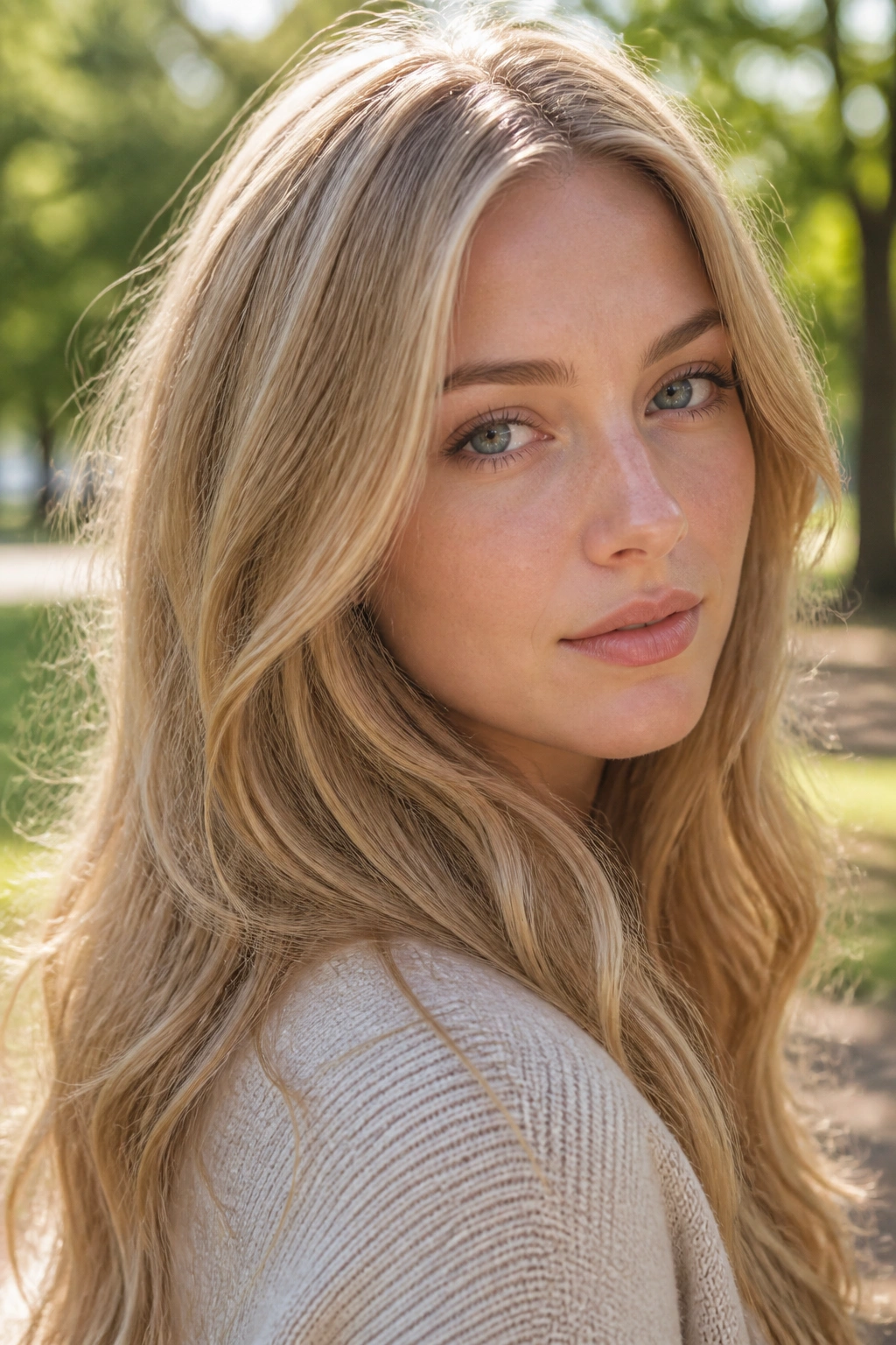 Close-up portrait of a real woman with wheat blonde hair in beige-gold tones