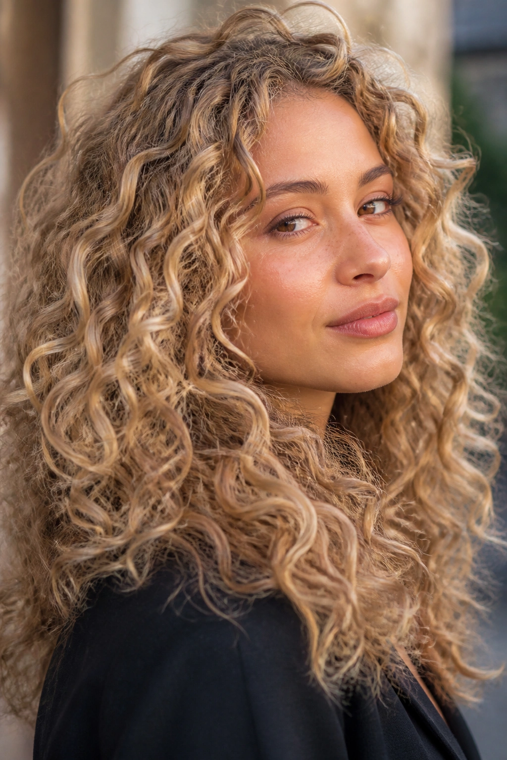 Close-up of real woman with wheat blonde on big curls.