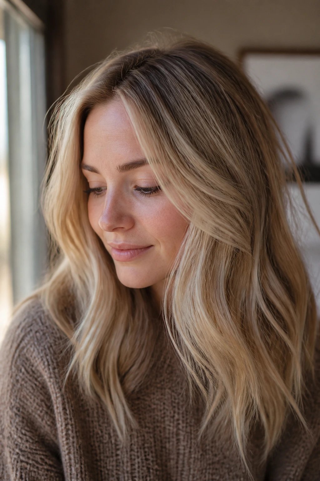 Close-up of a real person with textured wheat-blonde hair in warm natural light