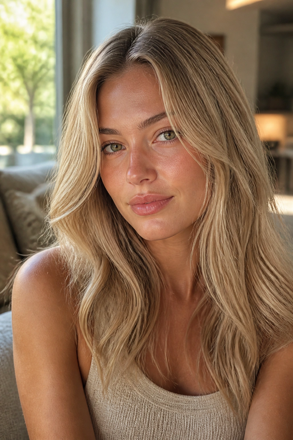 Close-up portrait of a real woman with wheat blonde hair in beige-gold tones near a sunlit window