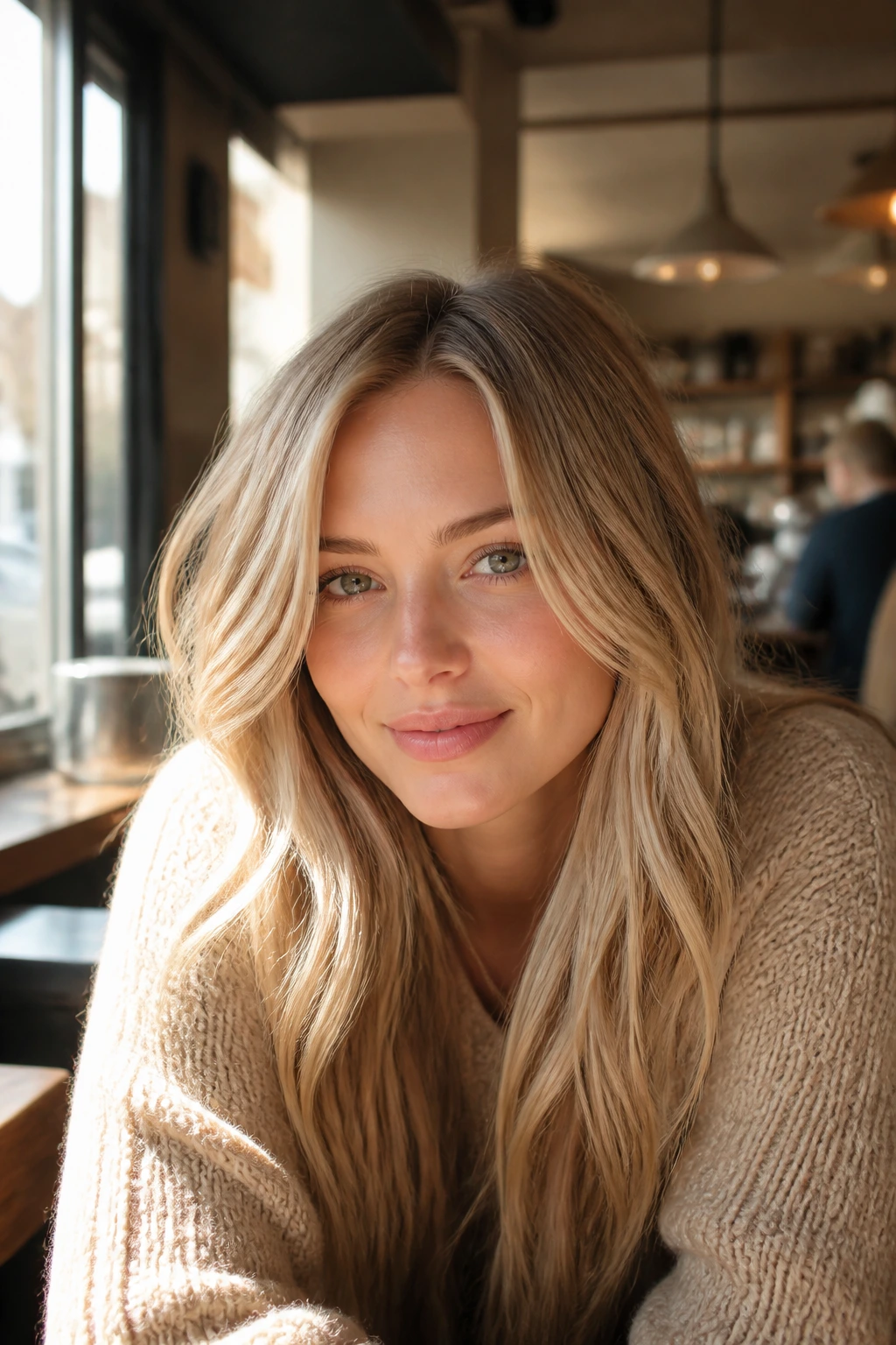 Close-up portrait of a real woman with wheat blonde hair in warm cafe lighting