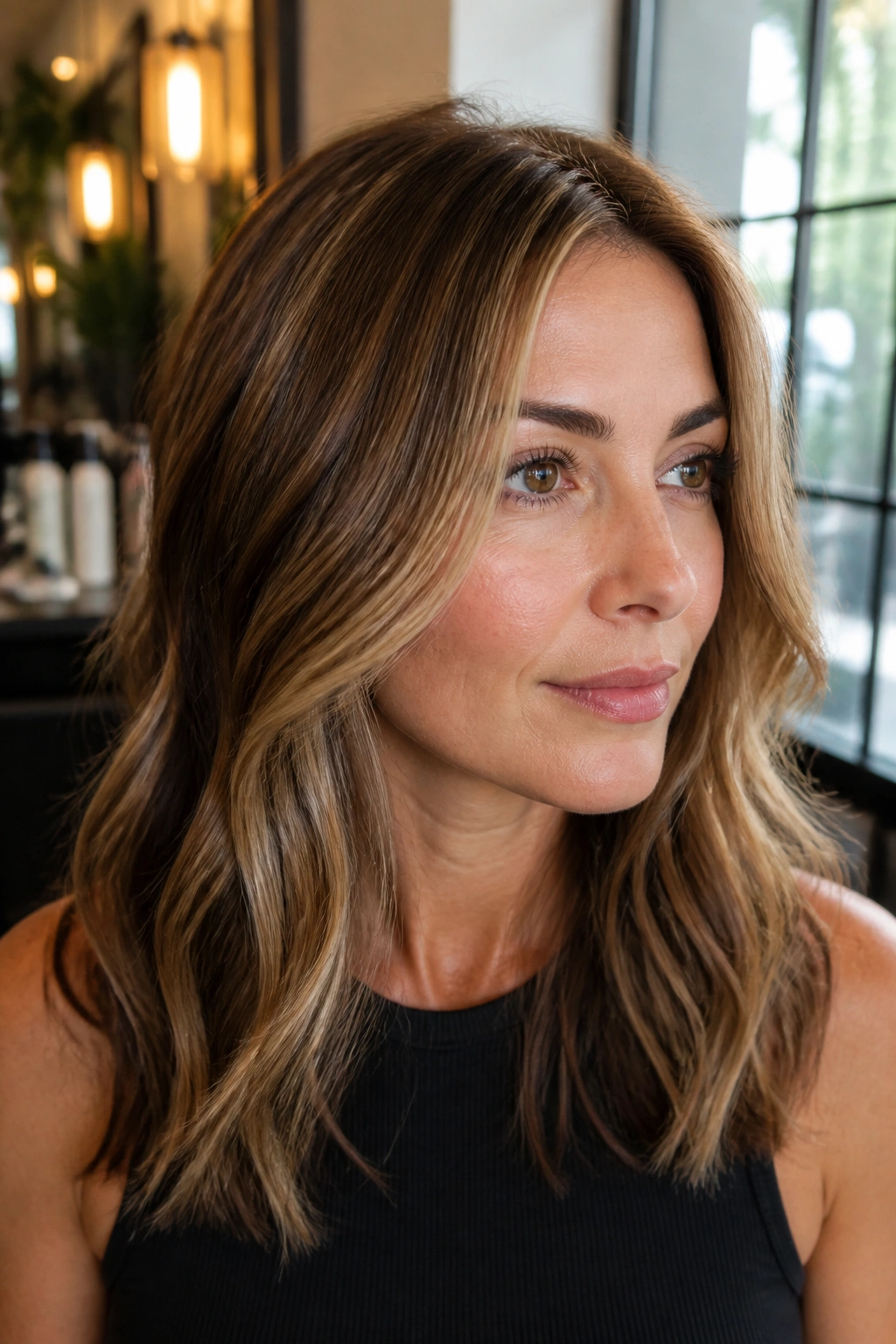 Close-up of a real woman with wheat blonde micro-highlights on brunette hair, warm side lighting.