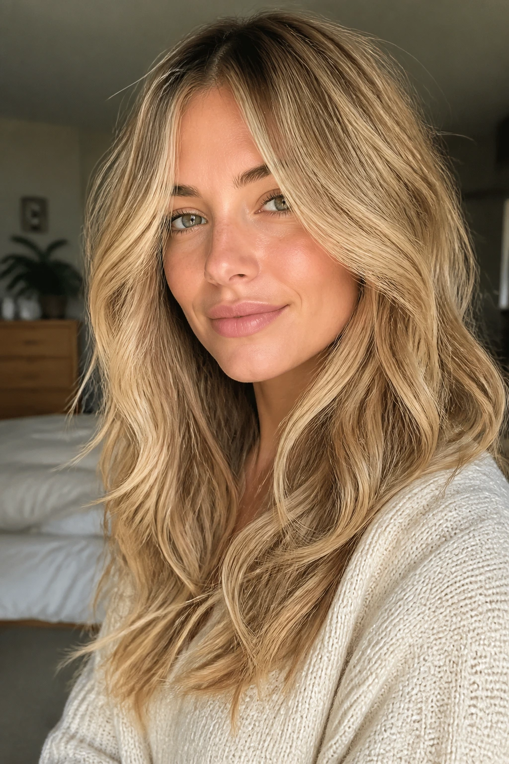 Close-up portrait of a real woman with wheat blonde layered hair and soft waves in warm natural light.