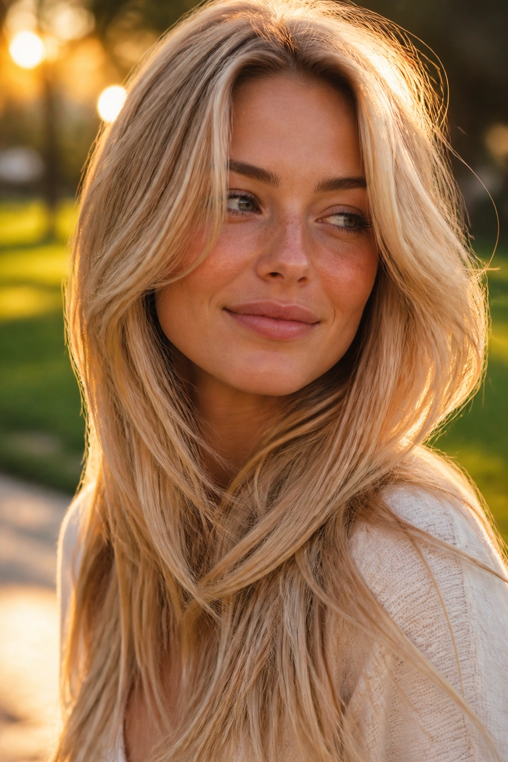 Close-up of long layered wheat blonde hair on a real person