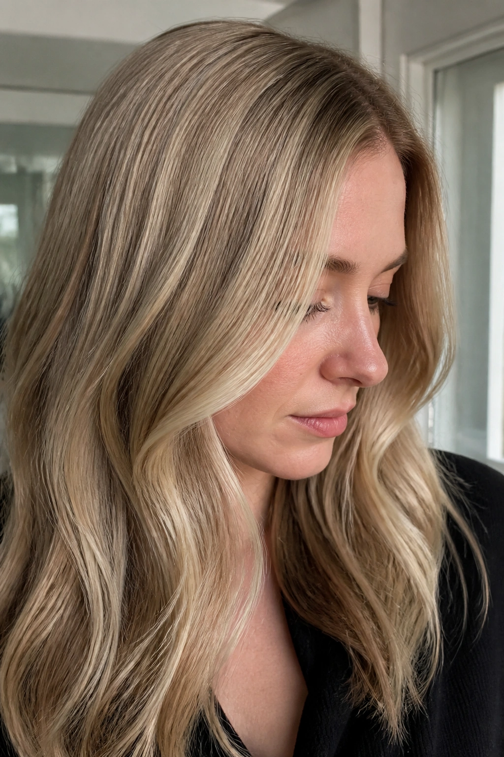 Close-up of a real woman with wheat blonde hair and hidden lowlights