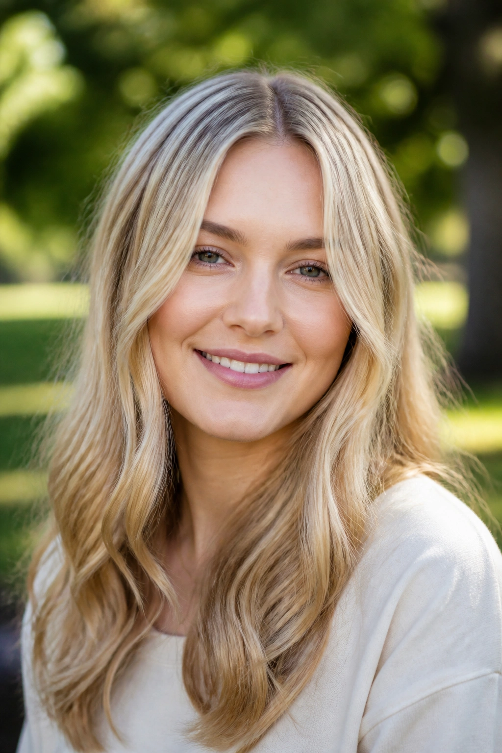 Close-up of a woman with wheat blonde hair in natural daylight outdoors