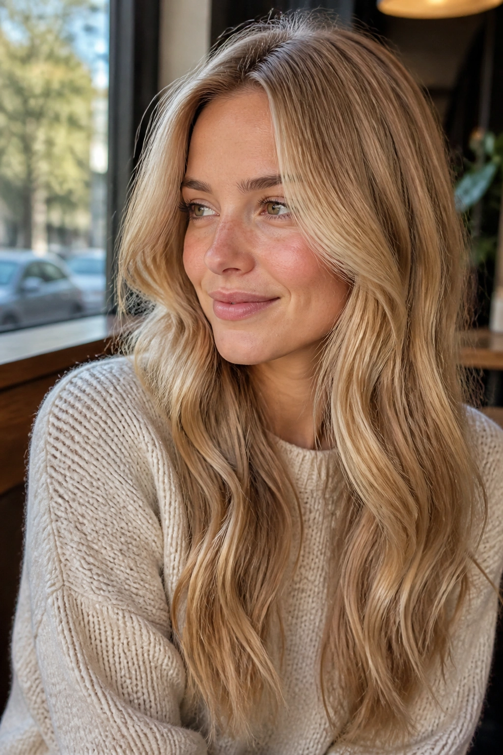 Close-up portrait of a real person with wheat blonde hair in warm morning light