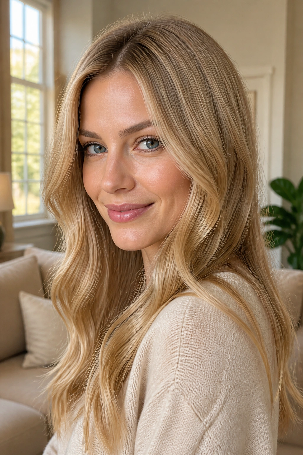 Close-up portrait of a real woman with Wheat Blonde hair in warm tan-beige tones under natural window light