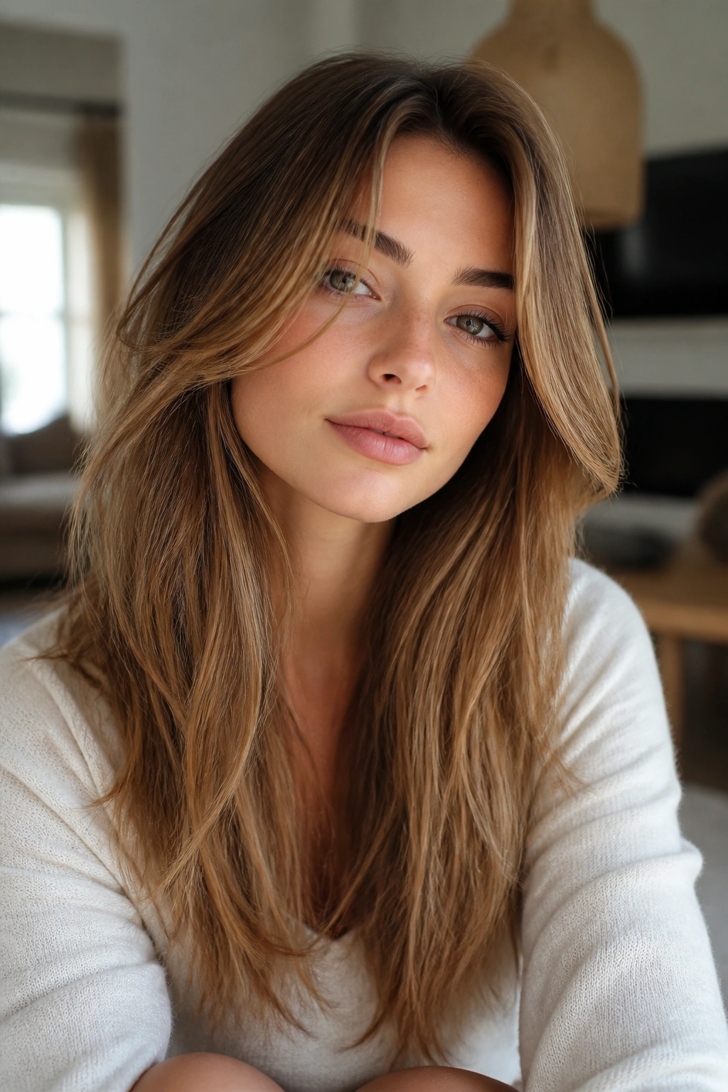 Real person with long whisper layers grazing the cheeks