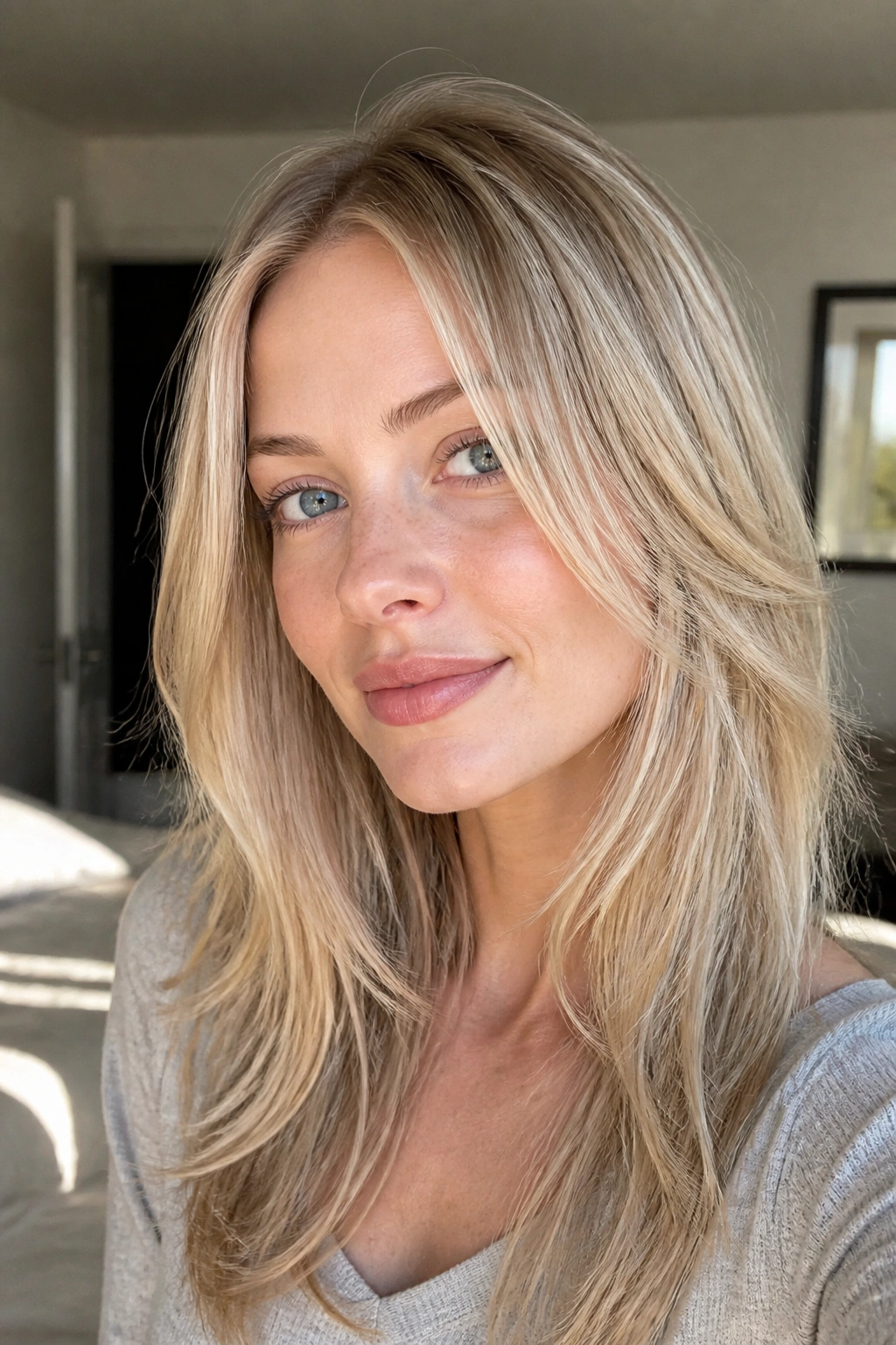 Close-up of a real woman with fine hair and whispery front layers under soft window light