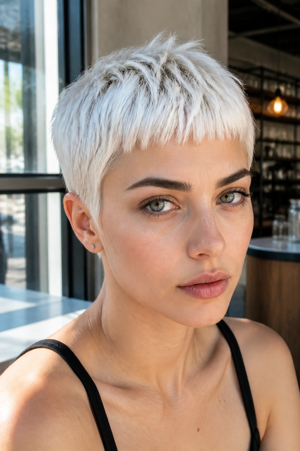 Close-up portrait of a real person with white baby bangs crop and bold fringe in daylight