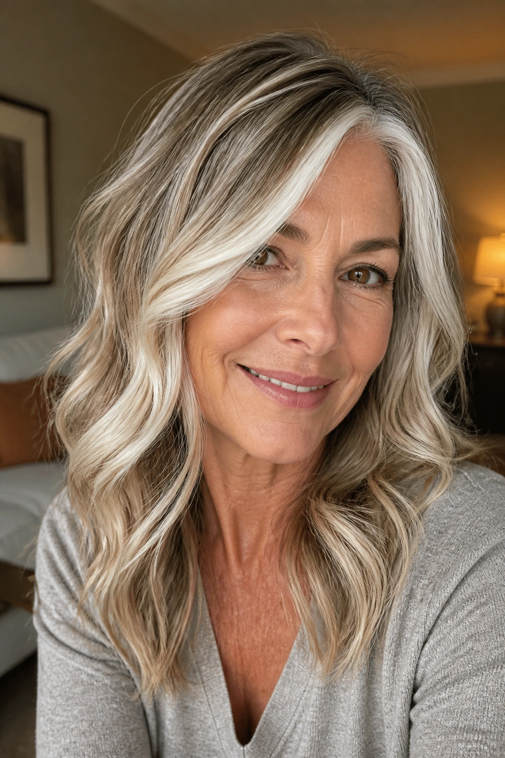 Close-up of a real woman showing white balayage on dark blonde hair