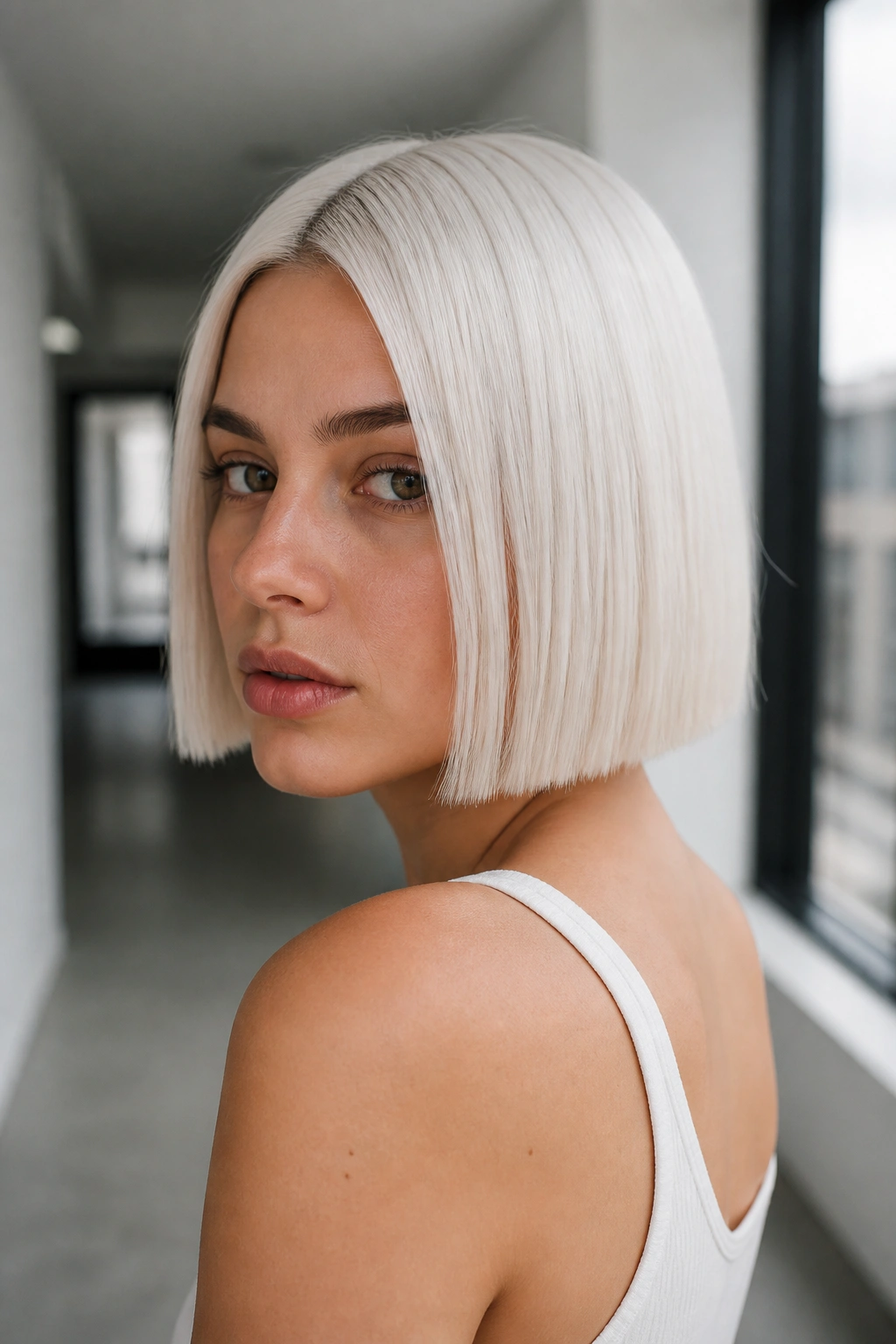 Close-up portrait of a real person with icy white-blonde blunt bob