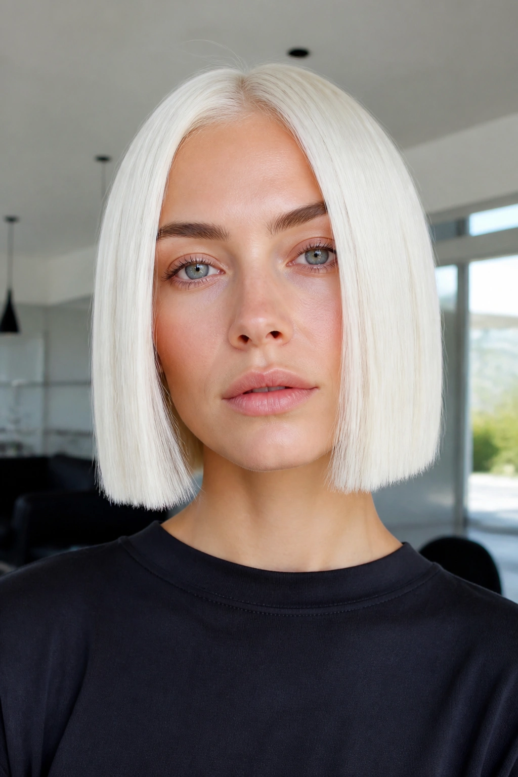 Real person with crisp white blonde blunt bob.