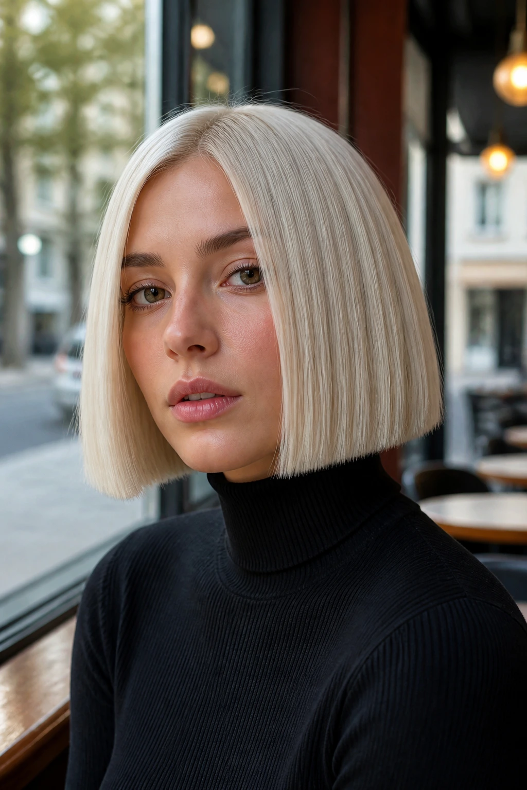 Close-up of a real woman with a white-blonde blunt cut