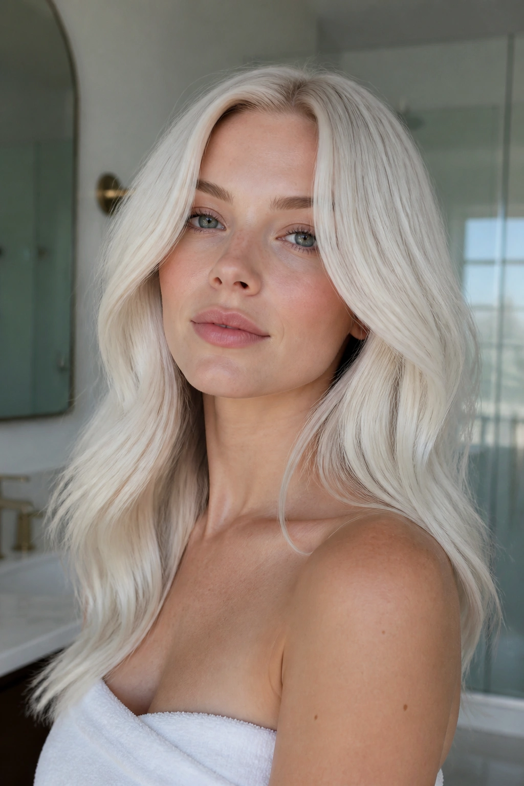 Close-up portrait of a real woman with white blonde hair and cool undertones