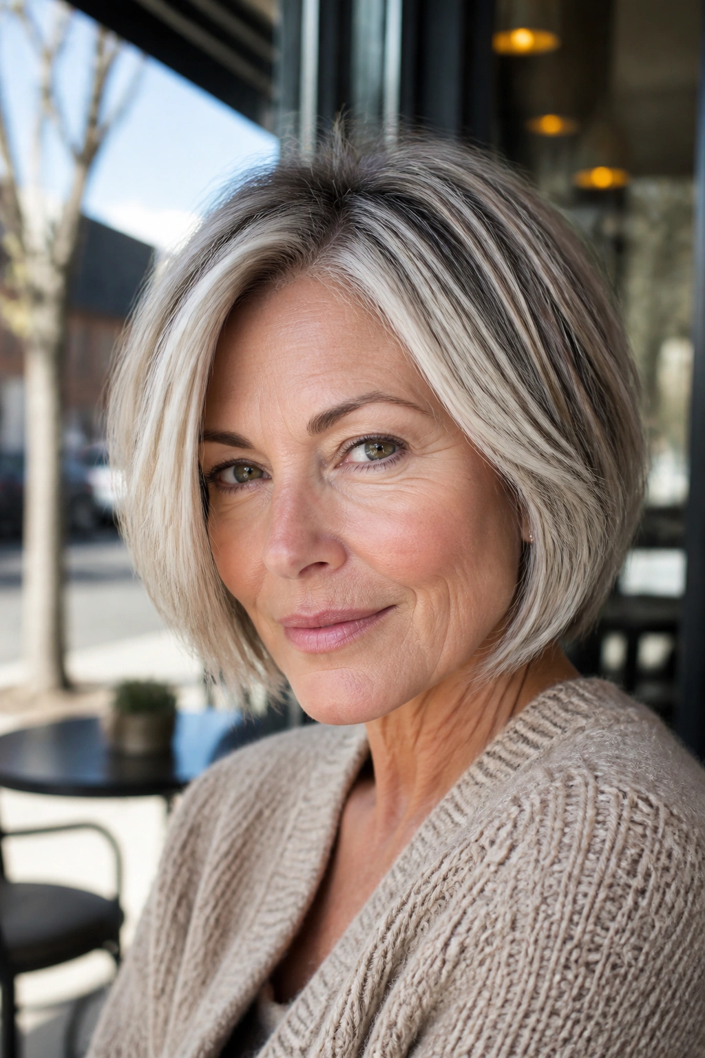 Close-up of white-blonde highlights on short bob in cafe window light