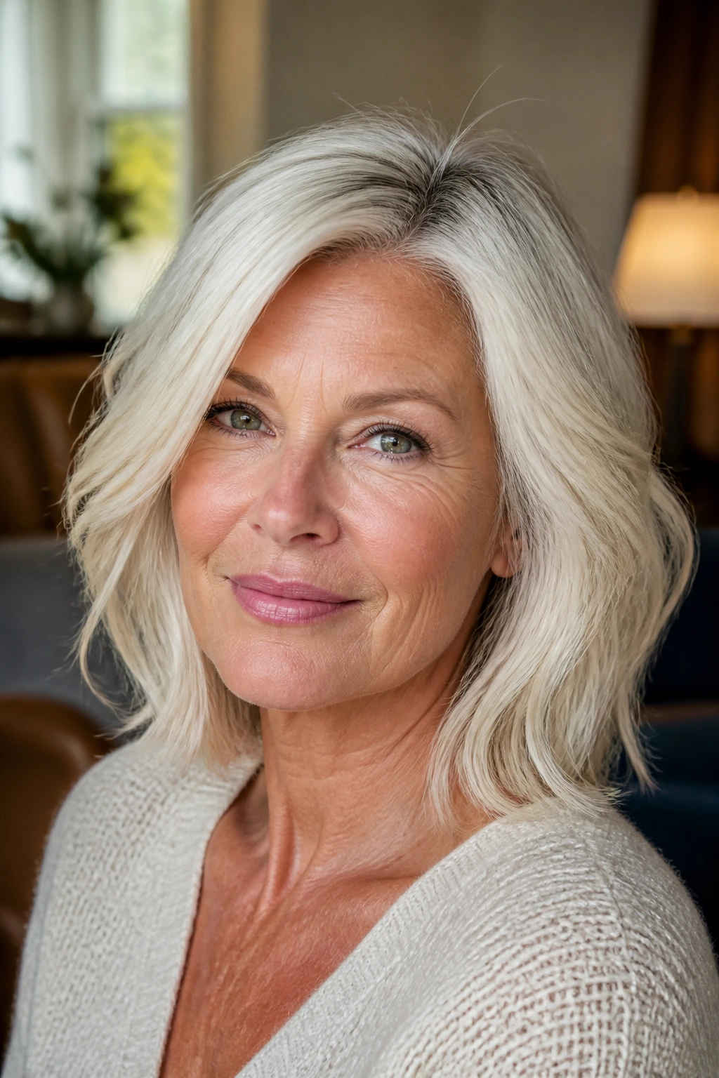 Close-up portrait of a real woman with bright white-blonde hair and subtle shadow root in natural window light