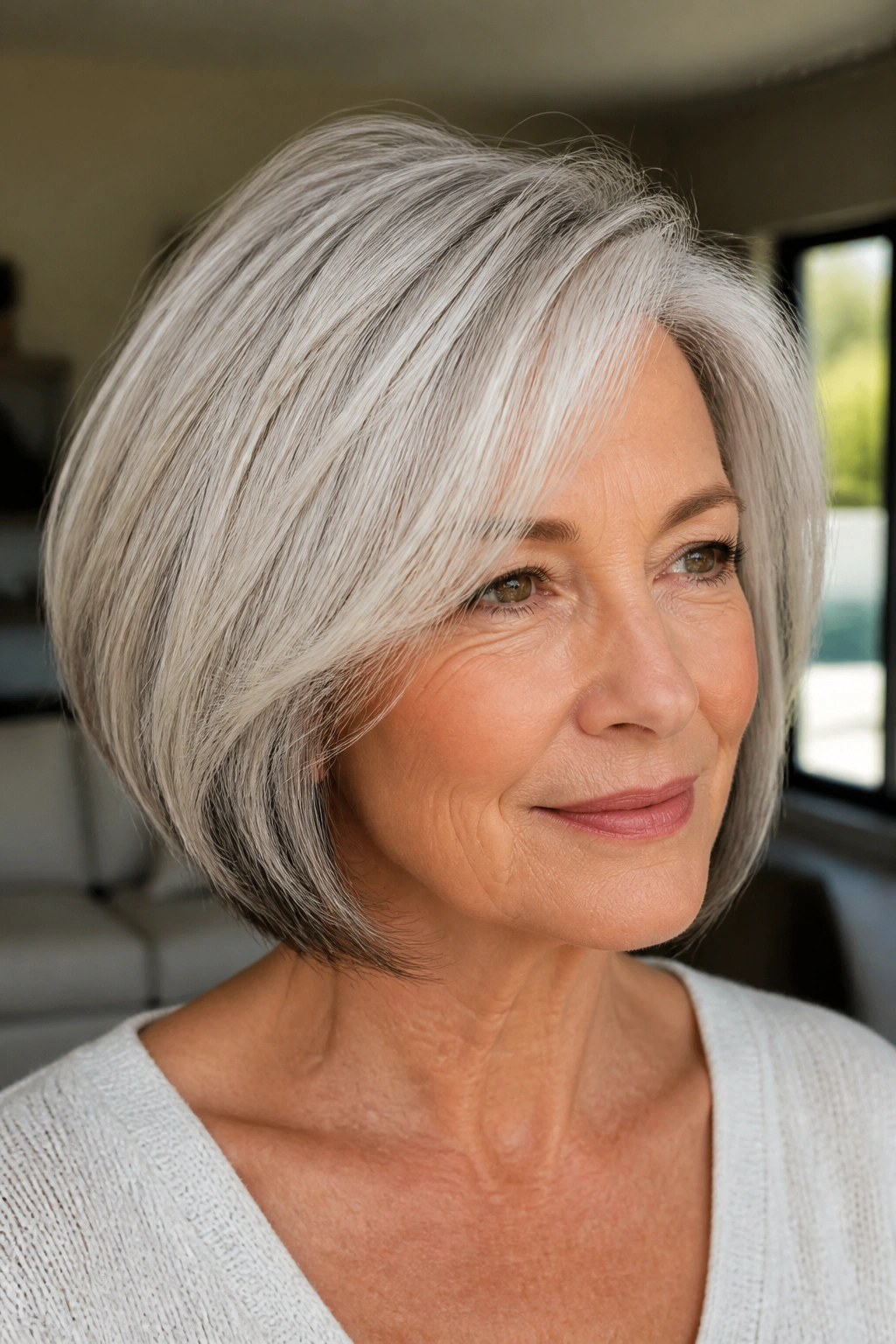Close-up of a real woman with a white bob and dark lowlights