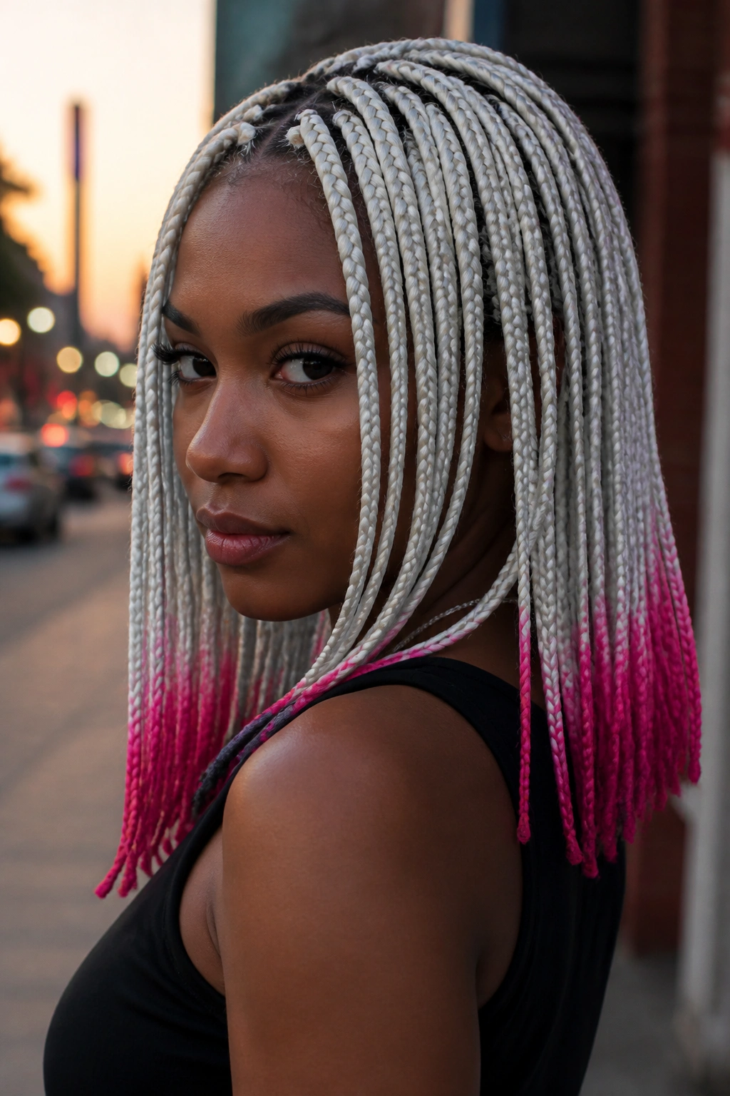 Real person with white braids and bright ends on a city street.